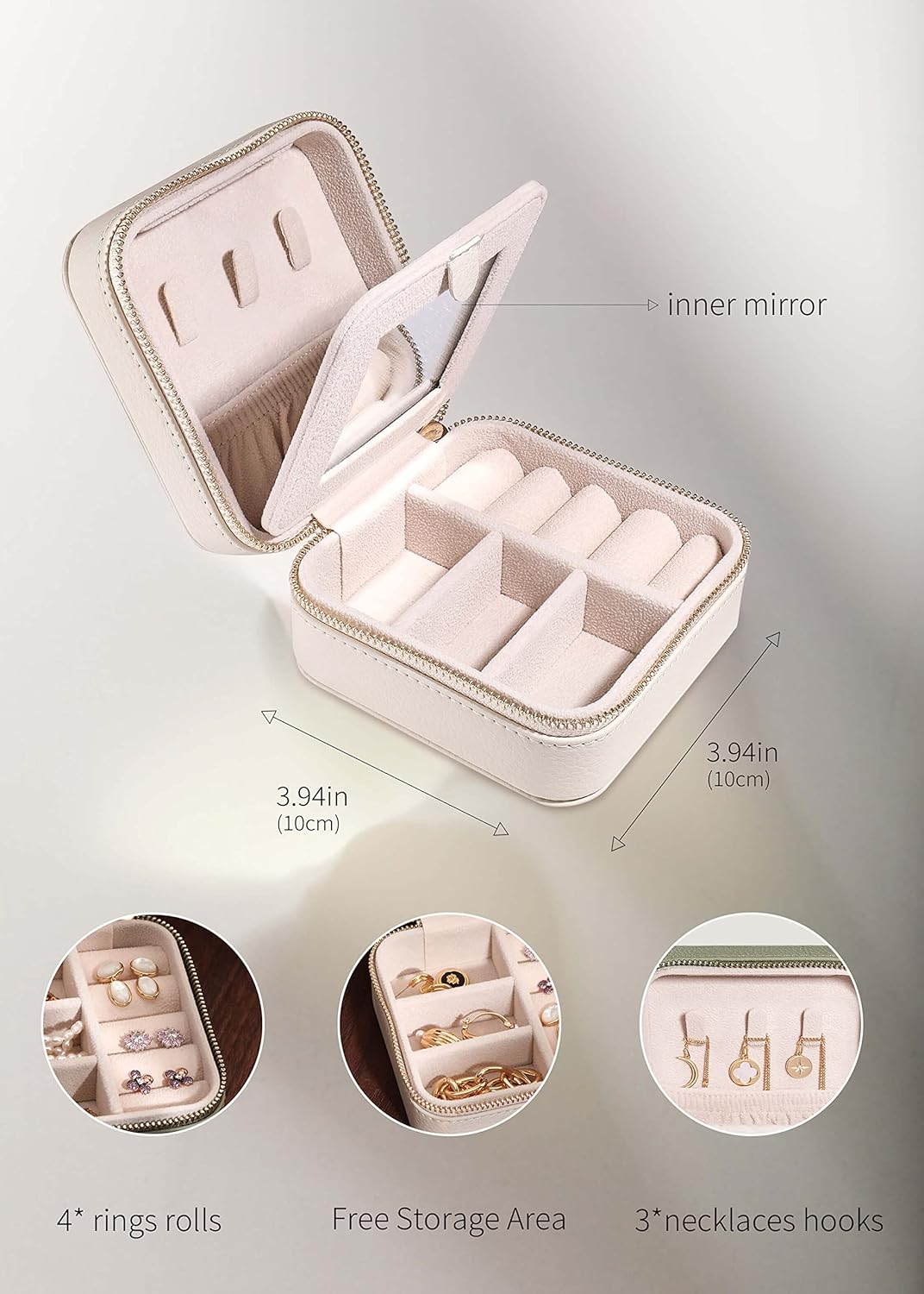 S.Leaf Travel Jewelry Organizer Boxes for Women Small Portable Necklace Earrings Bracelet Rings Travel Case Best Friend Birthday Gifts for Women Trendy (03_Lychee_Beige)