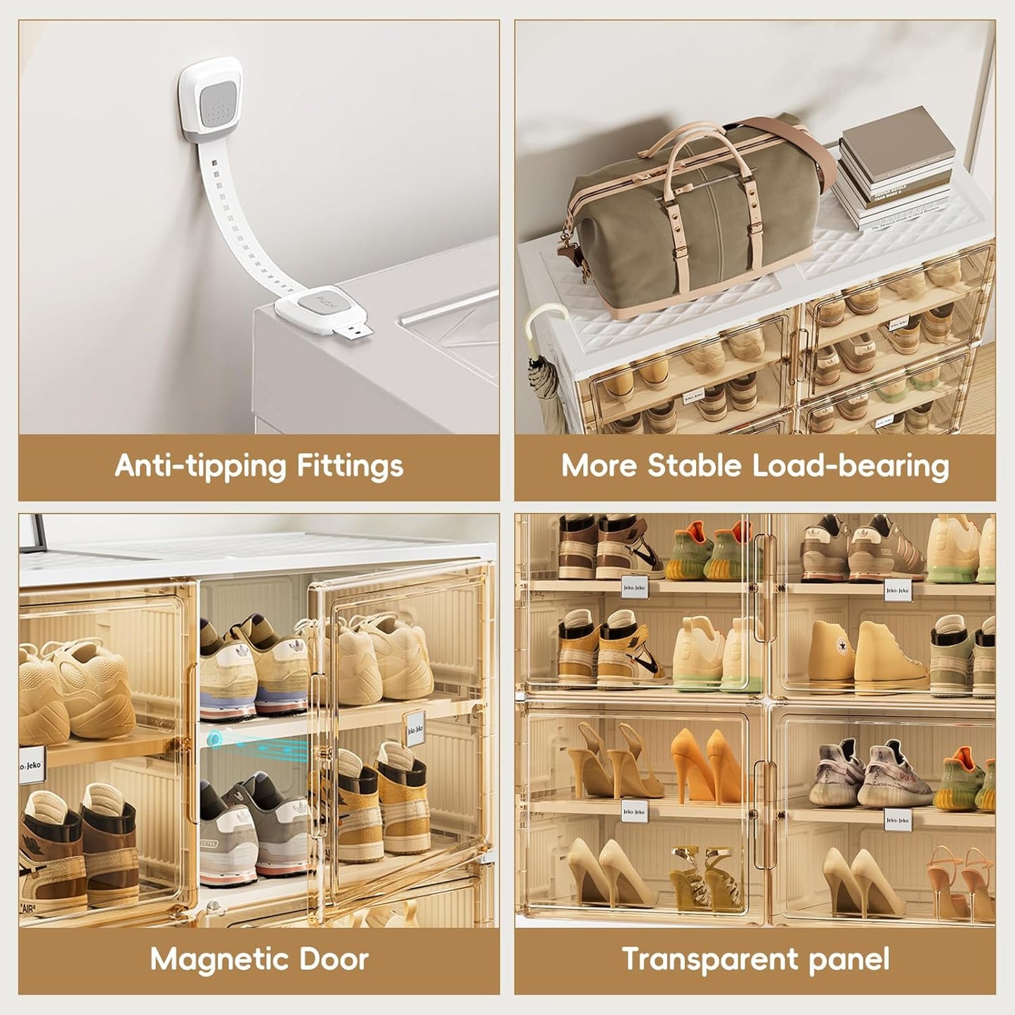 JEKO&JEKO 8 Tiers Foldable Shoe Rack Organizer Cabinet for Closet Entryway, Large Collapsible Shoe Storage Box with Magnetic Doors Fits Up to 32 Pairs (White)