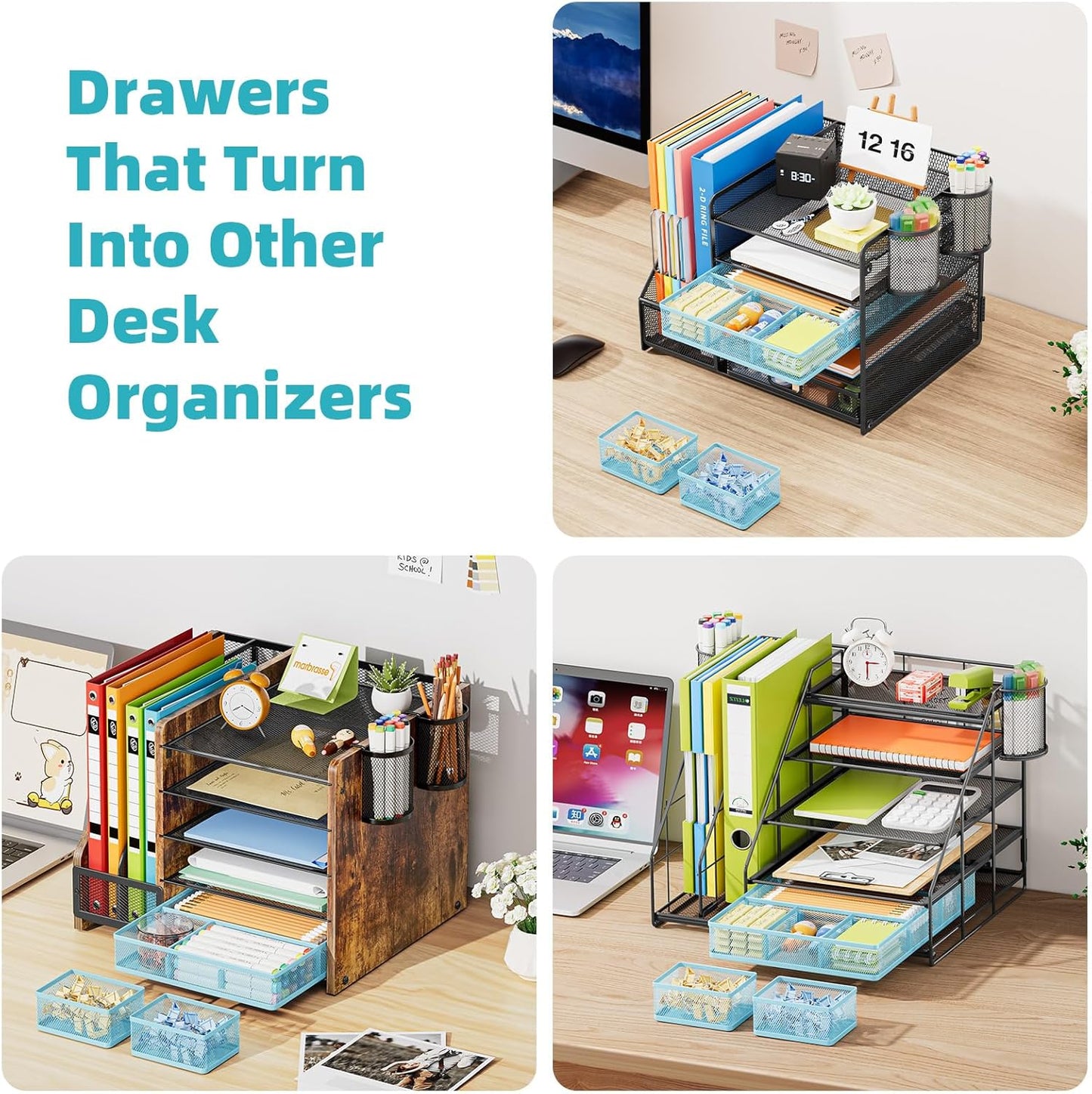 Marbrasse 3 Packs Desk Drawer Organizers, Metal Mesh Dividers with 9 Adjustable Compartments, Pen Organizer for Drawer Tray Box Accessories for Desktop,Kitchen, Makeup(Blue)