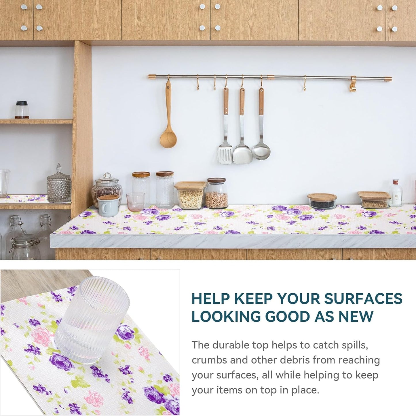2 Rolls 18" W x 96" L Floral Drawer and Shelf Liner for Cabinets, Non-Adhesive Strong Grip Non-Slip Flower Shelf Cabinet Kitchen Shelf Liners for Kitchen Cabinets