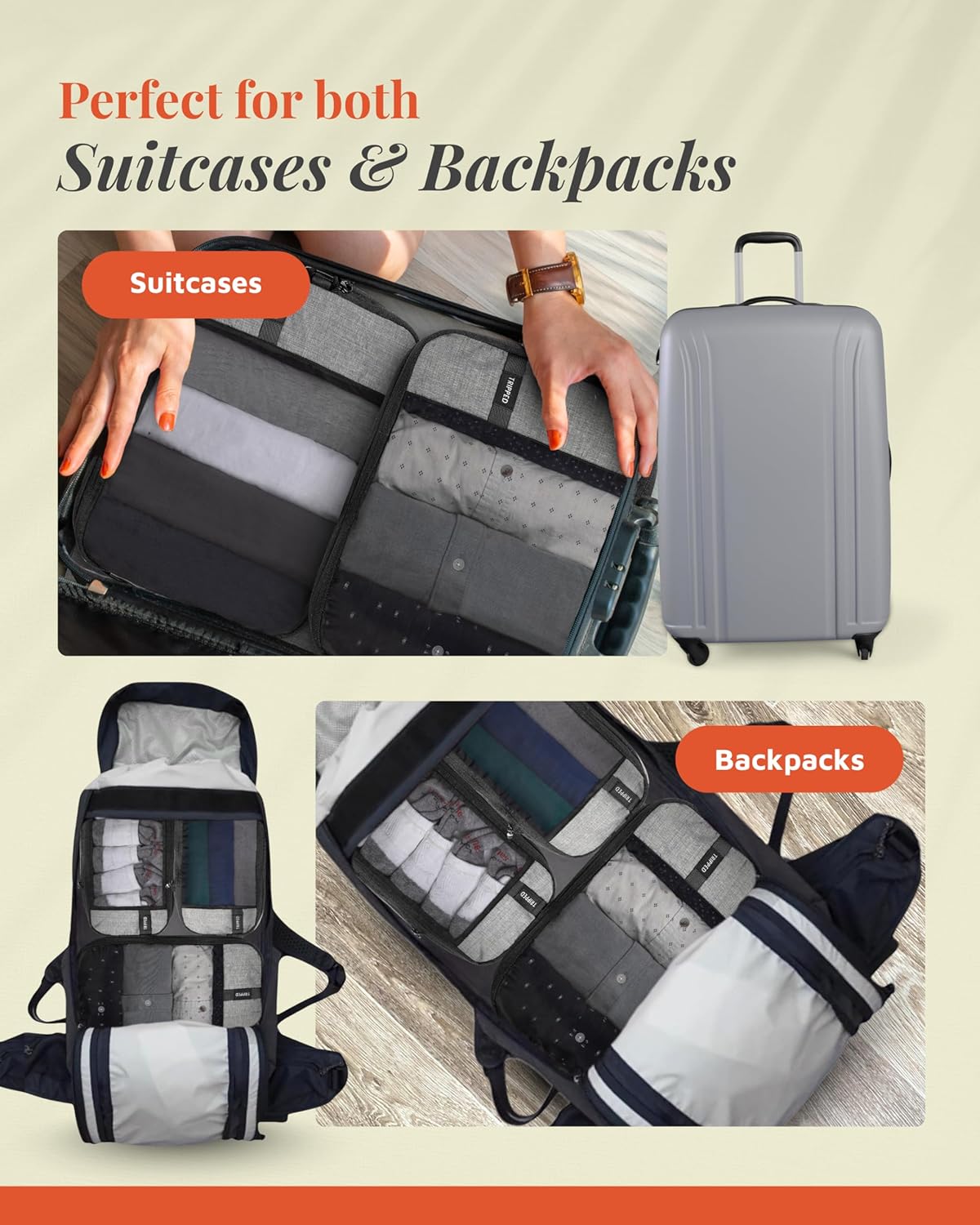 Compression Packing Cubes for Travel by TRIPPED – 6-Piece Premium Set with Laundry & Shoe Bag, Space Saving Travel Organizer Bags for Suitcase & Carry-On Luggage (Grey Mesh)