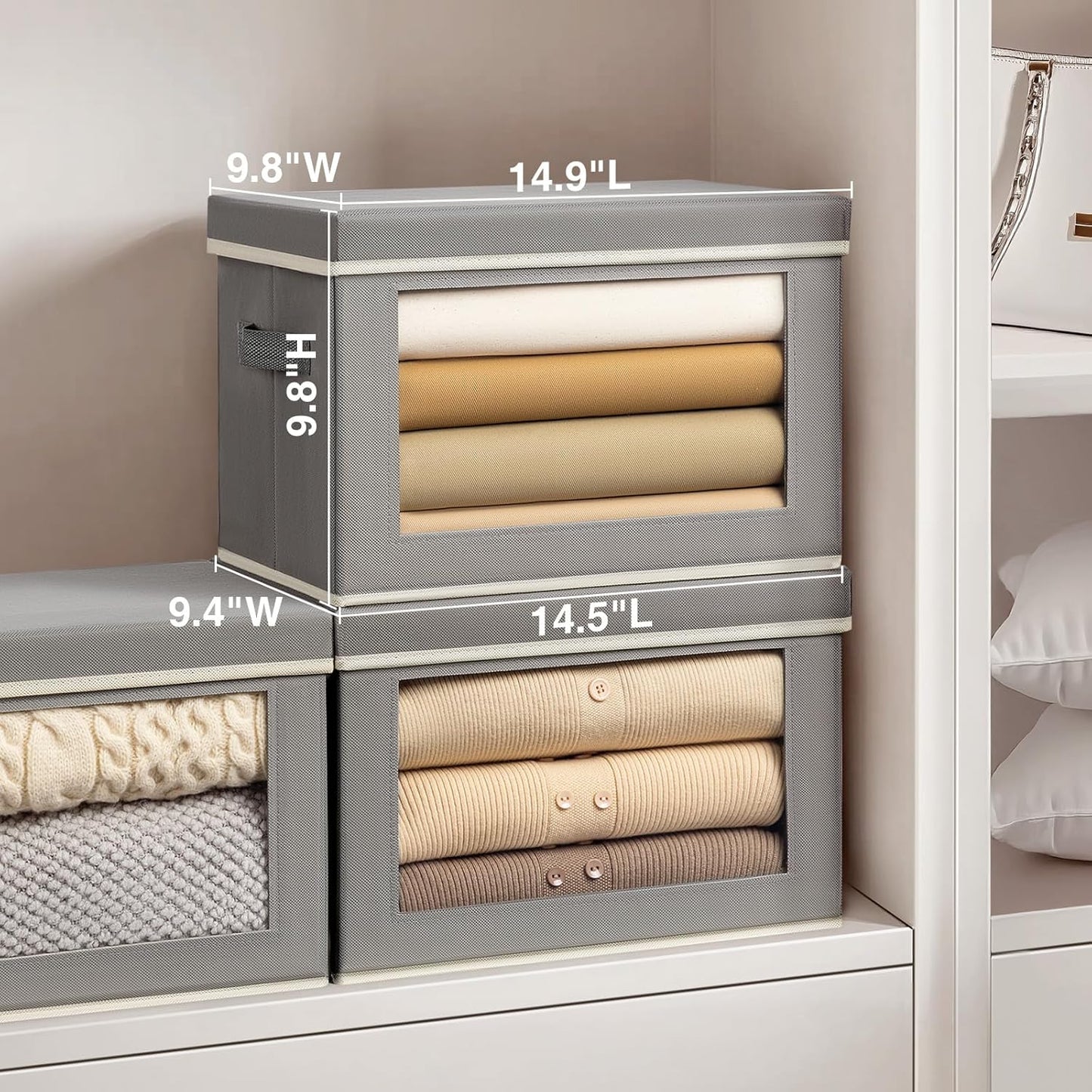 Stackable Storage Bins with Lids - Medium Storage Box with Lids, Foldable Closet Boxes for Organizing, Wardrobe Clothes Organizer with Window, Cubes Bins for Living Room, 5 Pack, Grey