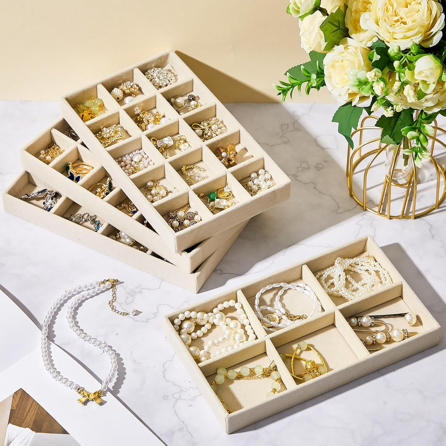 Junkin 12 Pcs Jewelry Tray Velvet Stackable Jewelry Organizer Trays Divided Earring Accessories Storage Containers Box (Rose Red)