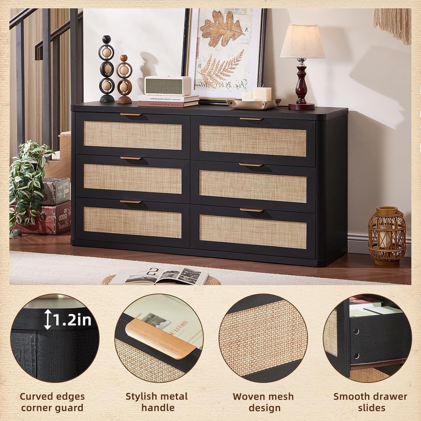LEYAOYAO Rattan 6 Drawer Dresser for Bedroom Set of 2, Boho 54" Wide Black Dresser Chest of Drawers, Dressers TV Stand with Metal Handle, Storage Dressers Closet Organizer for Living Room, Hallway
