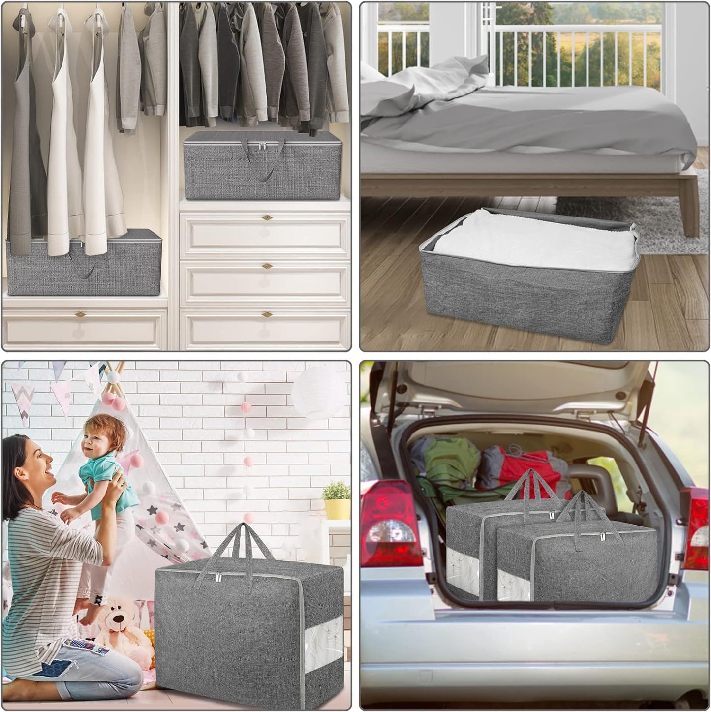 6Pack 105L Extra Large Storage Bags, Folding Moving Comforter Blanket Storage Bags Closet Organizers and Storage Containers for Clothes with Strong Handles&Zippers Clear Window for Bedding Pillow Grey