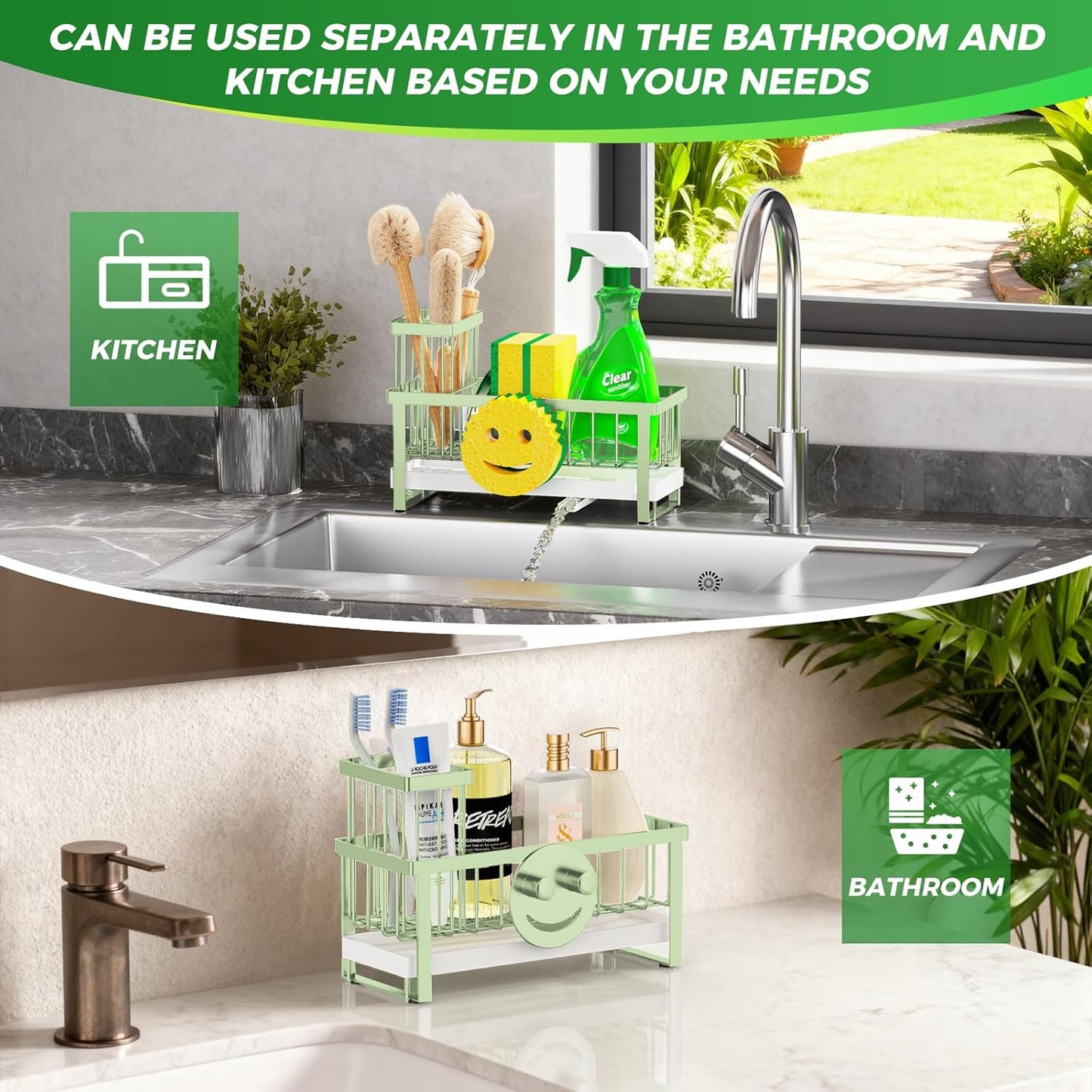 Sponge Holder for Kitchen Sink,Sink Caddy with Removable Dish Brush Holder,Self-Draining Kitchen Countertop Organizers and Storage Essentials,Soap Dispenser Organize and Home Decor-Green