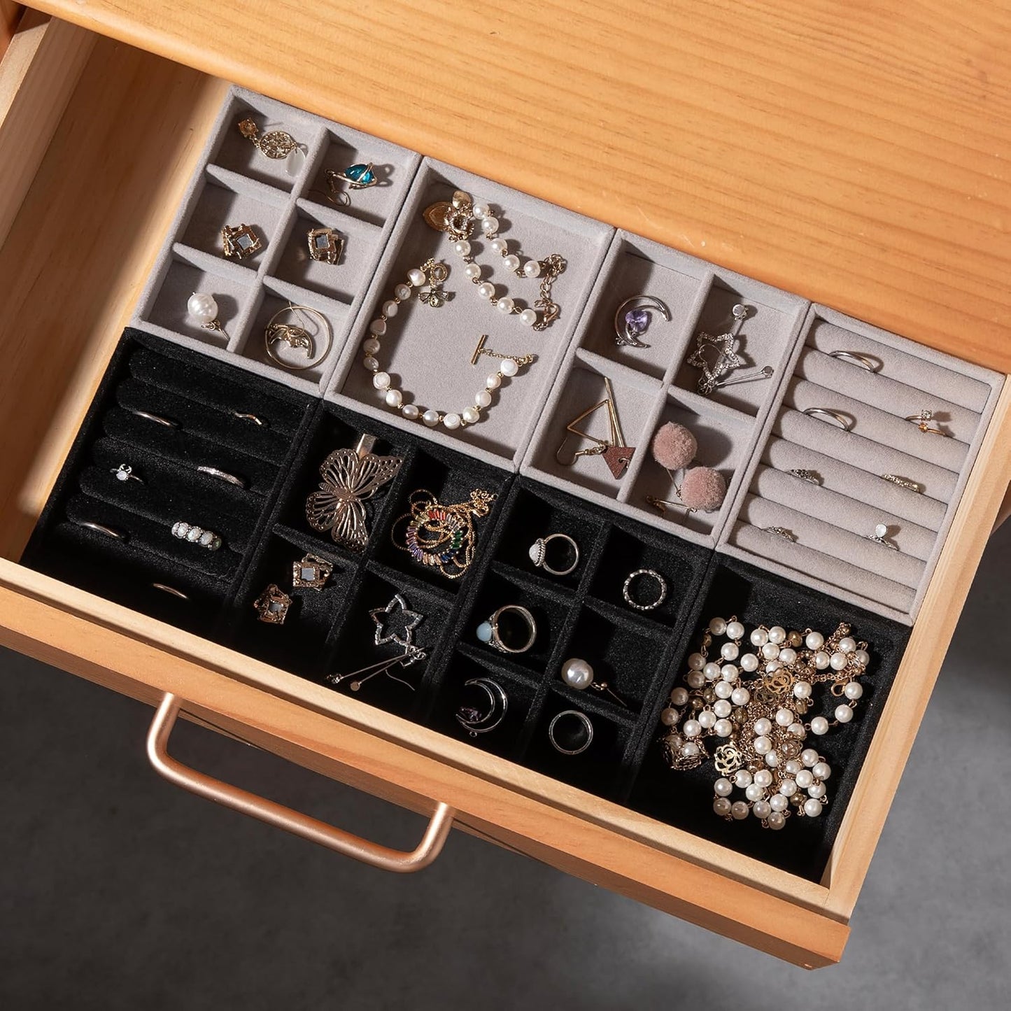 Frebeauty Small Jewelry Tray Set,Stackable Velvet Jewelry Organizer Tray,Mini Jewelry Drawer Organizer,Drawer Inserts,4.92 x 3.74 x 0.9 Inches,6 Grid Earring Organizer for Women(Set 2,White)