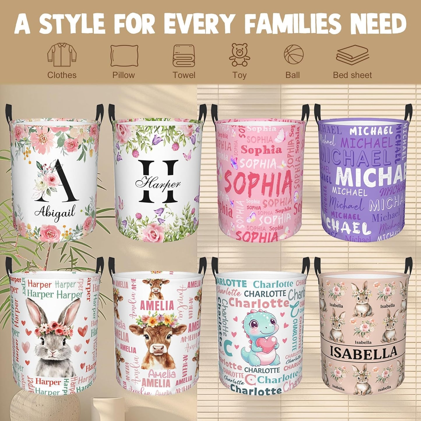 Custom Name Laundry Hamper, Personalized Laundry Basket with Name for Boys Girls Kids Men Women, Customized Name Dirty Clothes Basket Gifts for Clothes Toy Bathroom Bedroom Laundry Room Dorm