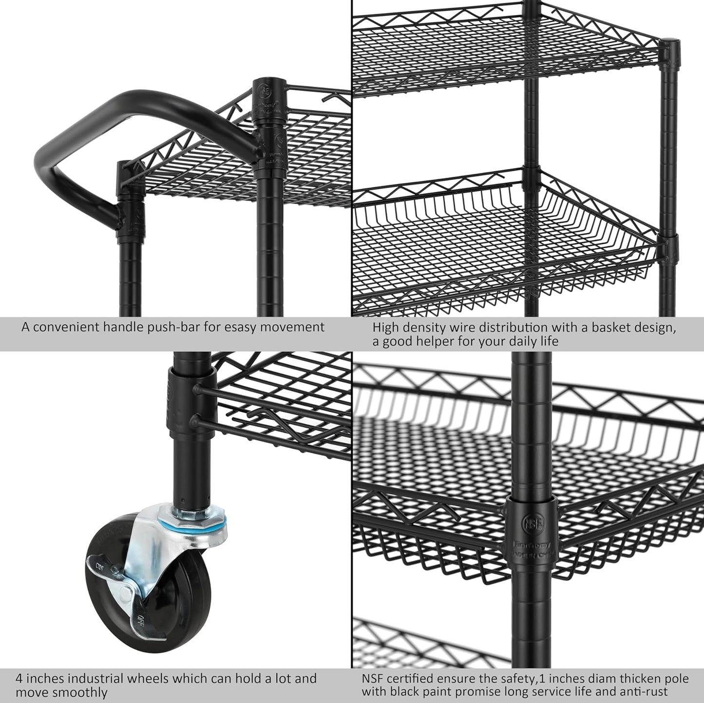 Finnhomy 3 Tier Heavy Duty Commercial Grade Utility Cart, Wire Rolling Metal Trolley with Handle Bar, Steel Kitchen Service Cart with Wheels, Food Storage Trolley on Wheels, NSF Listed, Black