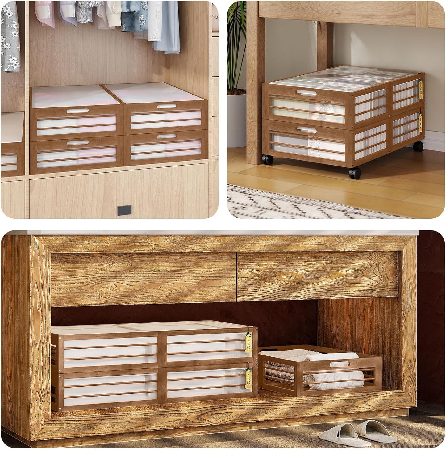 Under Bed Storage Containers with Wheels, Larger Bamboo Wood Under Furniture Storage Containers with Dust Bags๏ผRolling for Shoes Clothes