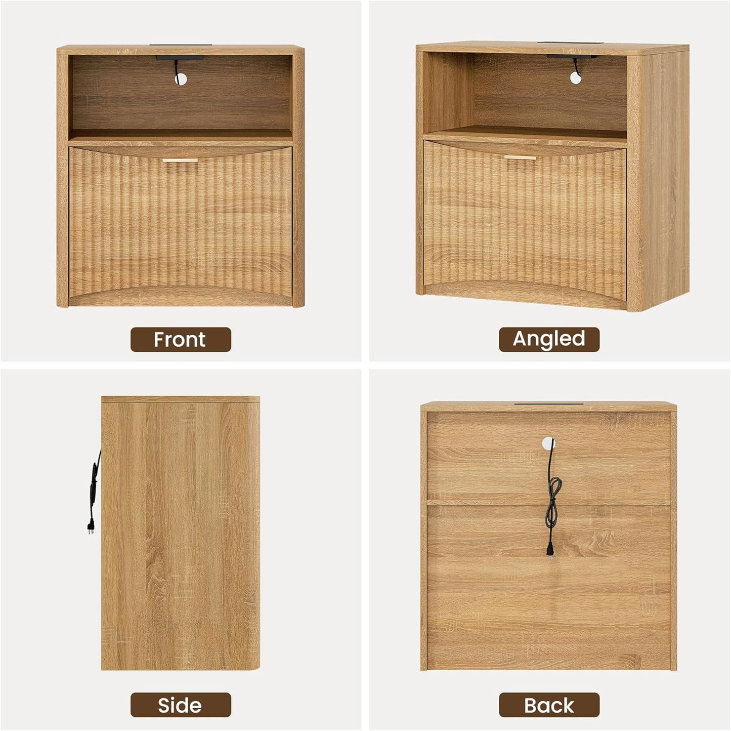 Night Stand with Charging Station, Modern Bedside Table with Drawer & Open Shelf Storage, Small Space Sidetable for Bedroom, Natural Oak