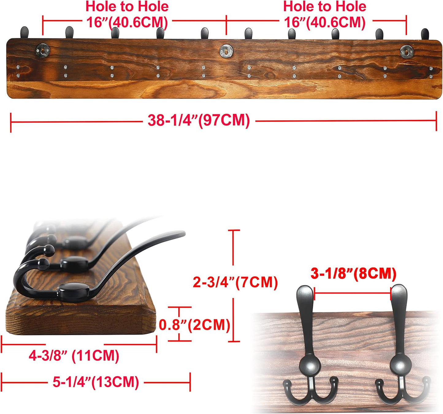 Dseap Coat Rack Wall - Heavy-Duty 38-1/4" Long, with Reinforced 10 Custom Tri-Hooks, Solid Wood Wall Hanger for Coats Hat Jackets - Rustic Farmhouse Entryway Hallway Storage, Natural & Black