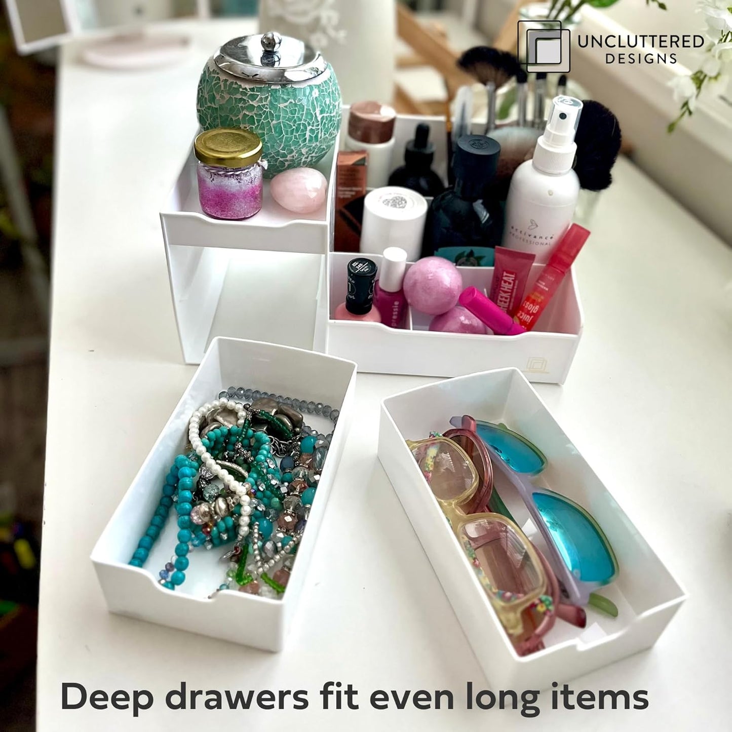 Uncluttered Designs Large Makeup Organizer for Vanity - Countertop Desk With Drawers for Cosmetic, Beauty, Hair, Nail, Perfume & Skincare - Perfect for Bathroom & Bedroom Storage (White)