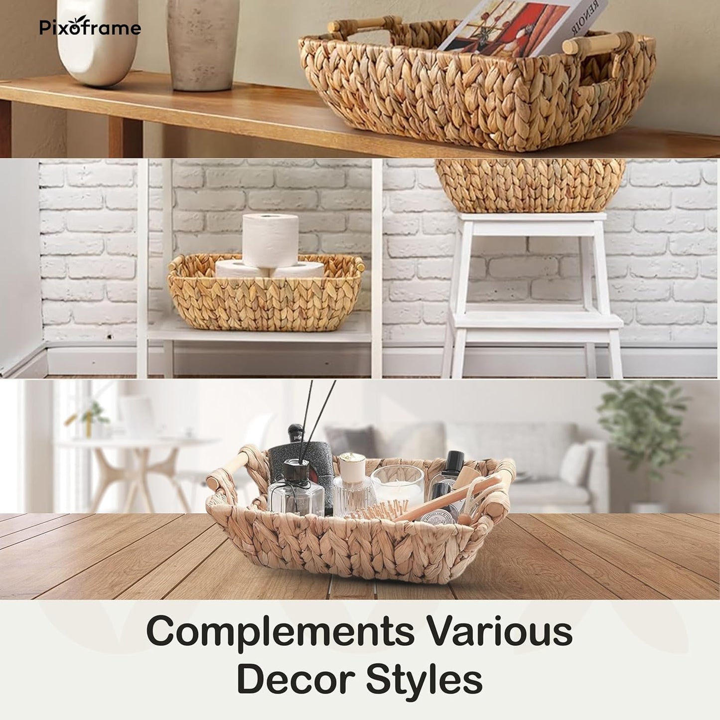 Small Rectangular Handwoven Wicker Basket - Water Hyacinth Storage Baskets with 2 Polished Wooden Handles for Store Hand Towel, Fruits & Veggies etc – 12.25"x7"x4.75" - Pack of 2 - Natural
