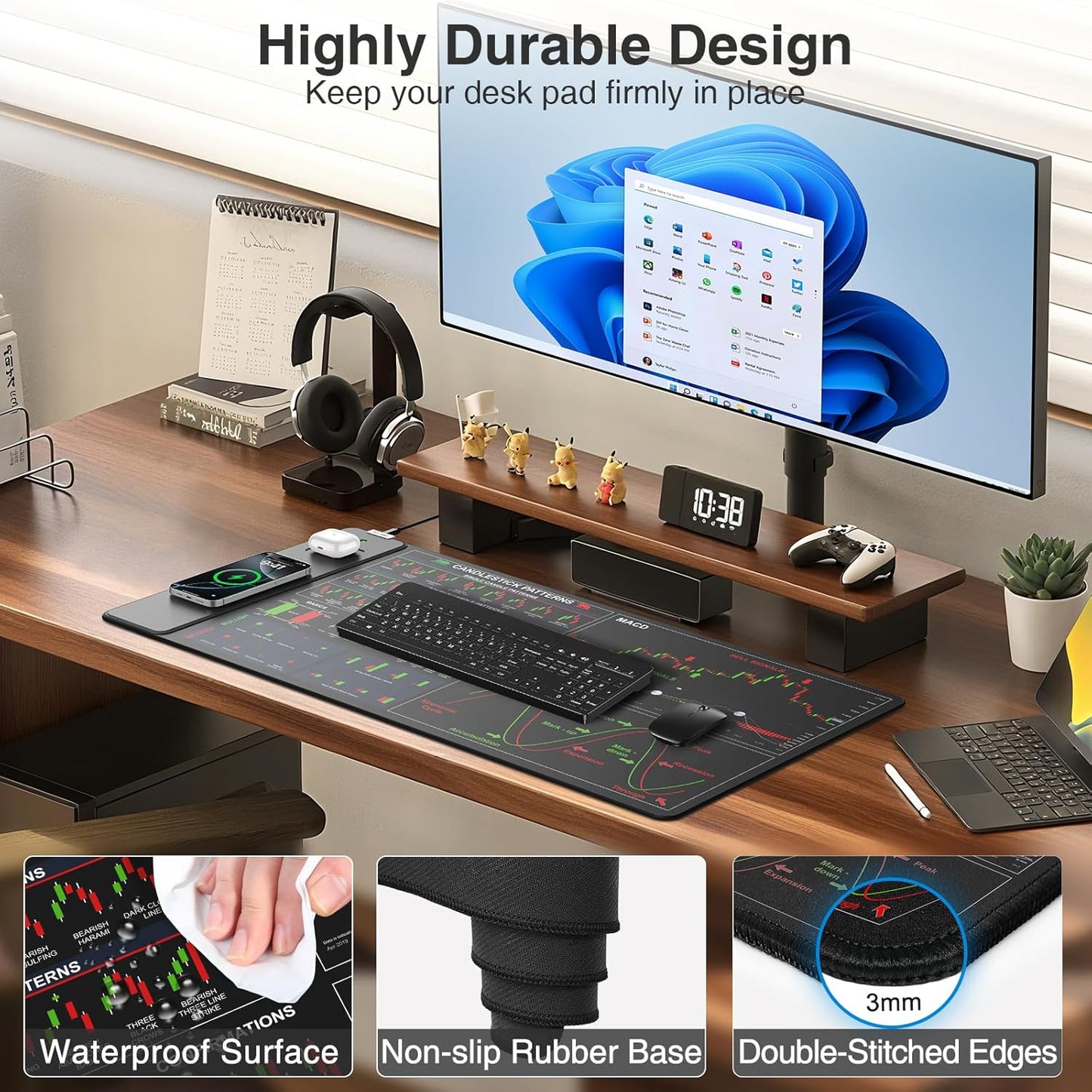 Wireless Charging Mouse Pad for Stock Market Invest Day Trader, 31.5"x15.8" Extra Large Trading Chart Patterns Cheat Sheet Desk Mat, Ultra-Smooth Surface, Non-Slip Base