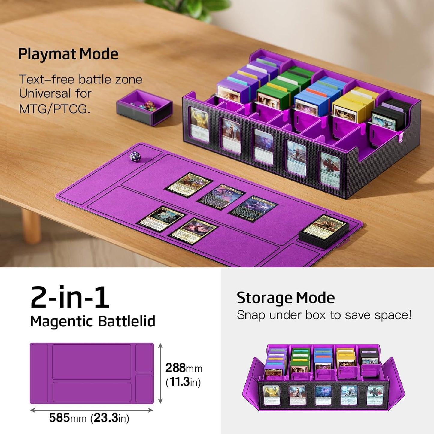 Trading Card Storage Box 5-Row 3900+ Capacity,TCG MTG Card Case with Magnetic Lid & Commander Display,Top Loader Storage for Sports Cards,Includes Dividers Dice Box(Black Purple)