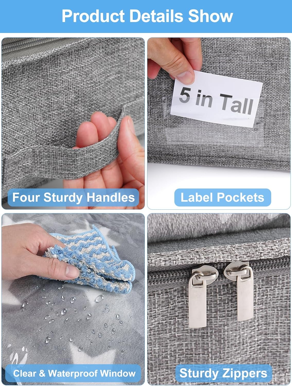 punemi 5 Inches High Low Profile Under Bed Storage Containers,No-Structure,Soft Fabric Zippered Underbed Storage bins for Clothes and Blankets— Fits Under Crib, Couch or Dorm bed,2-Pack,Grey
