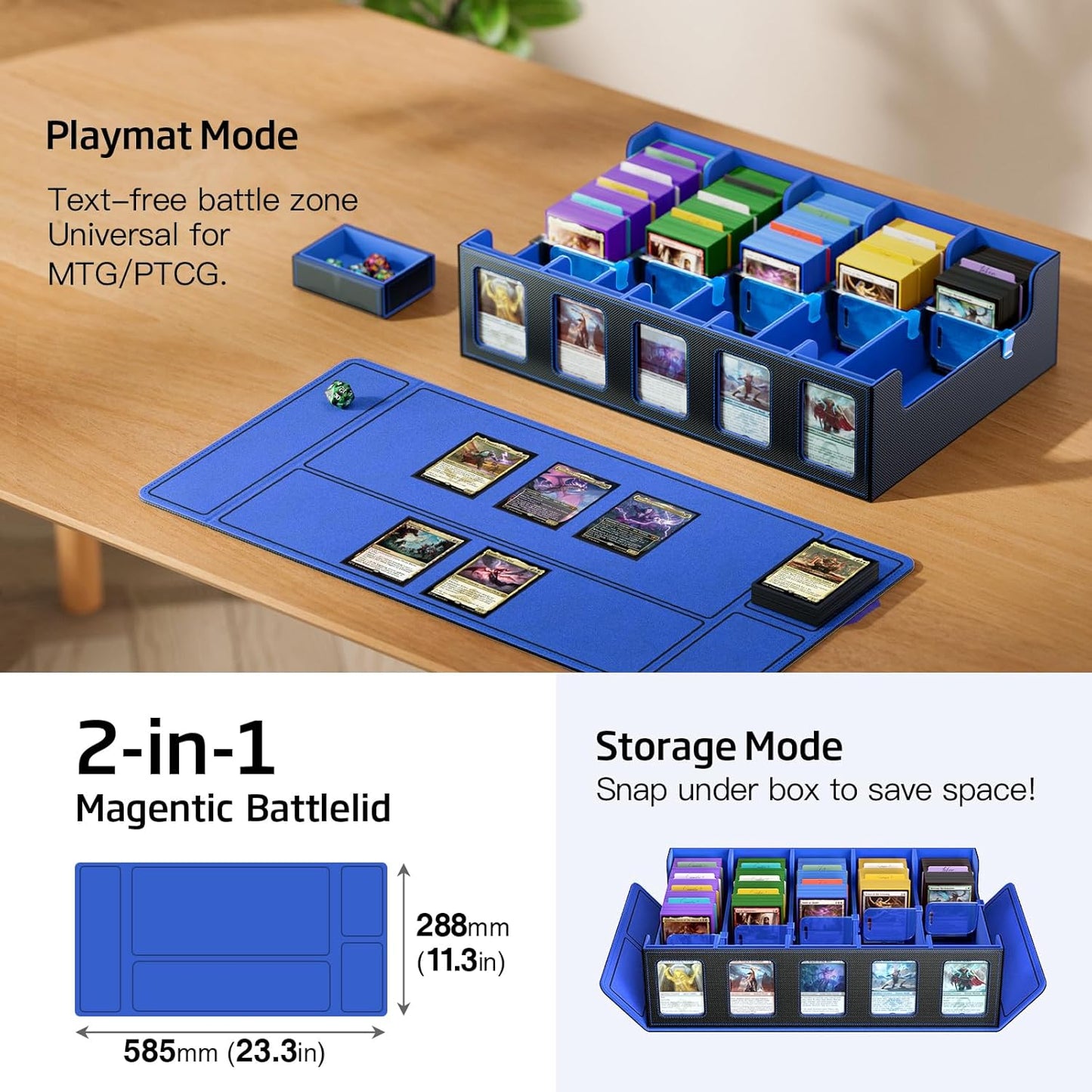 Trading Card Storage Box 5-Row 3900+ Capacity,TCG MTG Card Case with Magnetic Lid & Commander Display,Top Loader Storage for Sports Cards,Includes Dividers Dice Box(Black&Blue)
