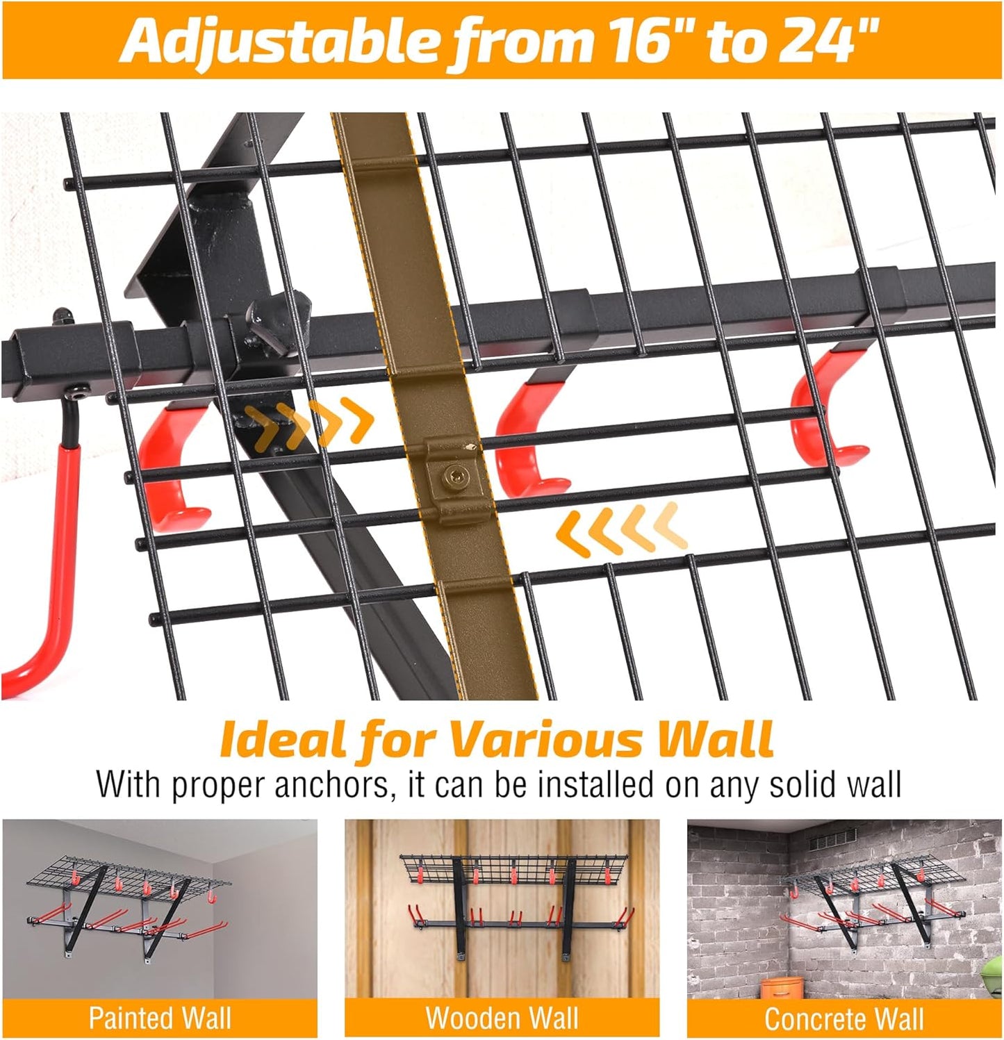 PLKOW Wall-Mounted Ski Rack, Skis Storage Rack for Garage Shed with Top Storage Shelf, Customizable Spacing, Supports Up to 280 lbs, Steel, 1-Pack