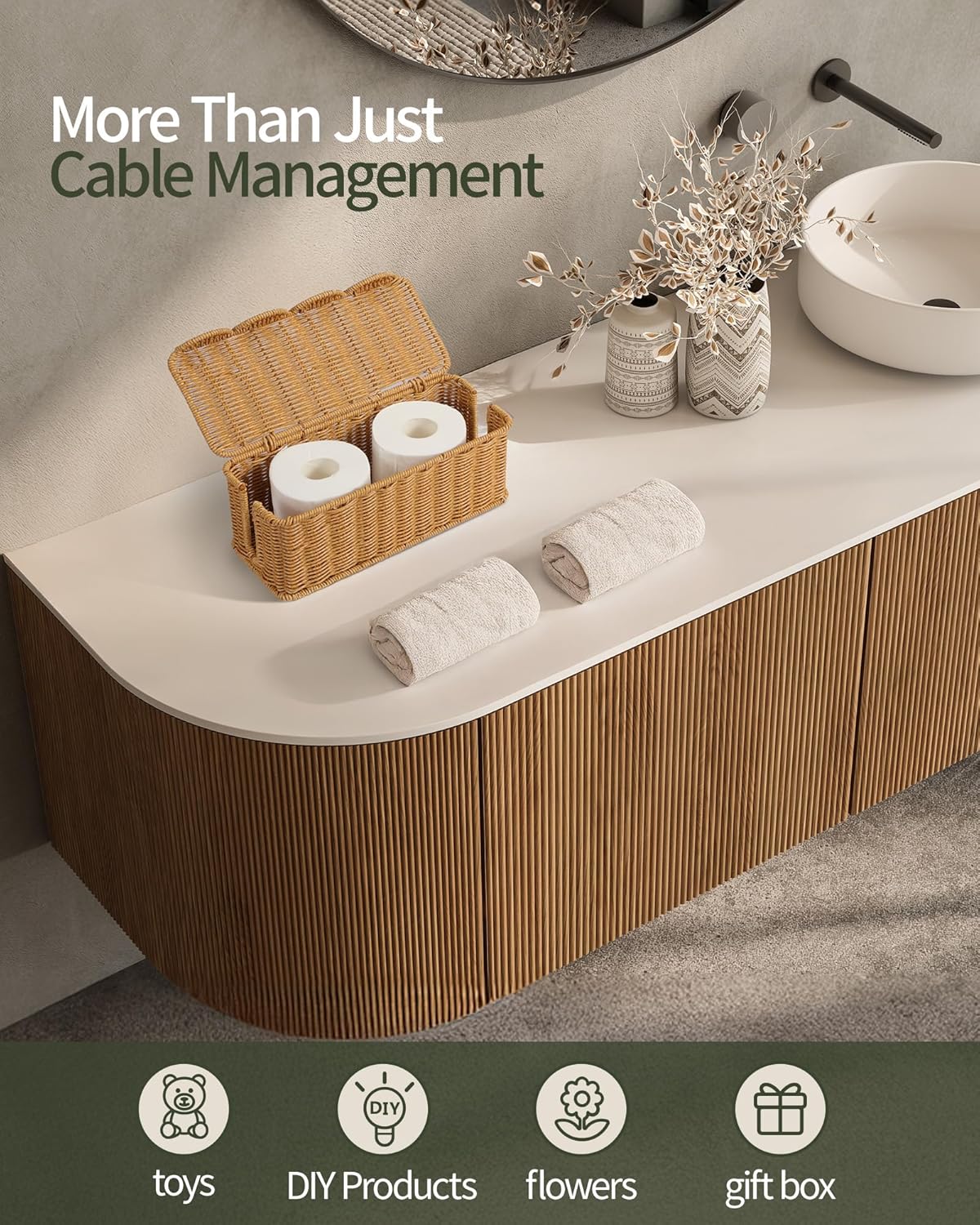 YECAYE Handwoven Rattan Style Cable Management WavyWeave Box, Decorative Storage Cord Organizer Box for Power Strips & Cords, Cord Hider for Home, Kids & Pet Safety, DIY-Friendly Cord Management