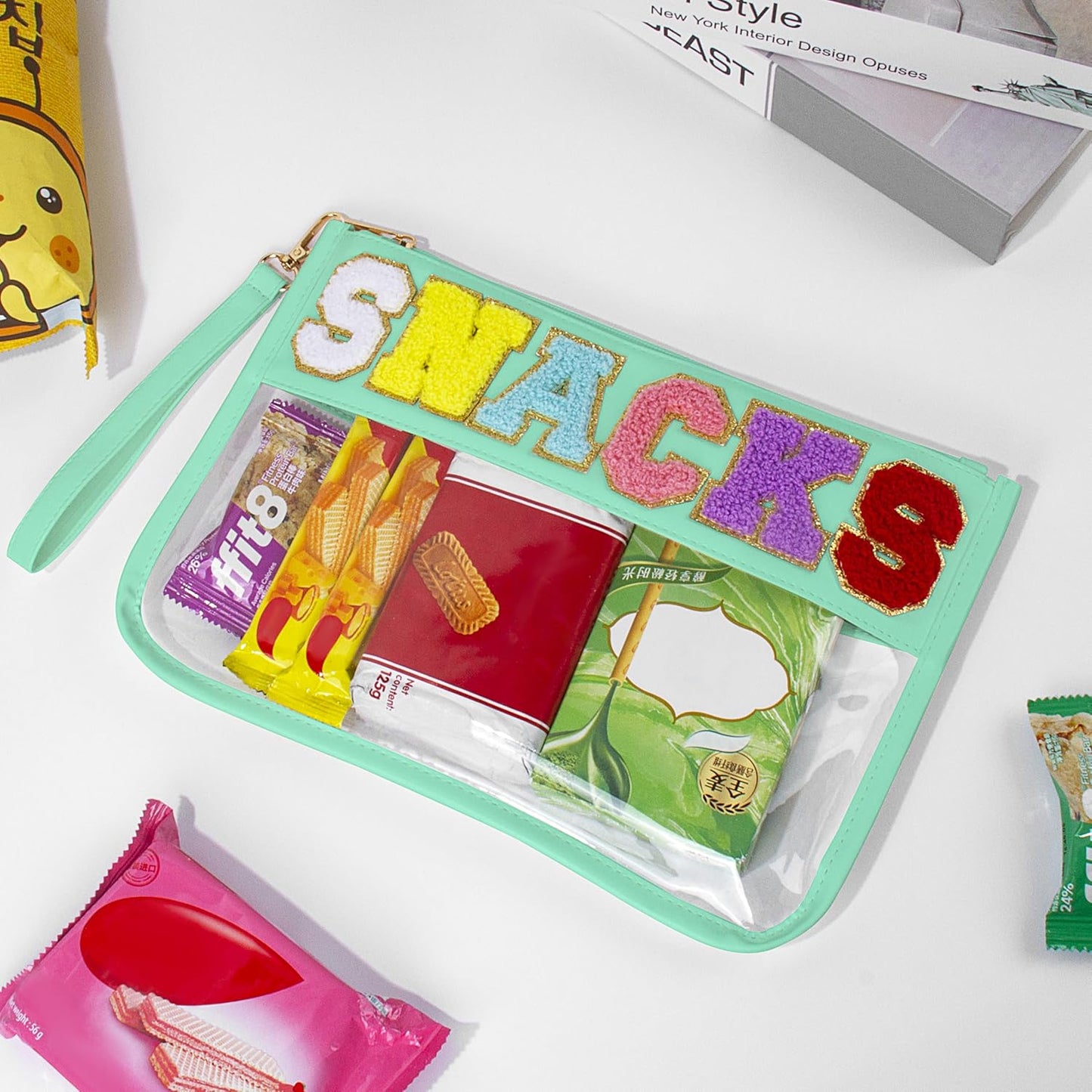 Snack Bag for Travel & Makeup - Clear Chenille Letter Zipper Pouch, Waterproof Cosmetic Tote Bag for Women & Girls (Green)