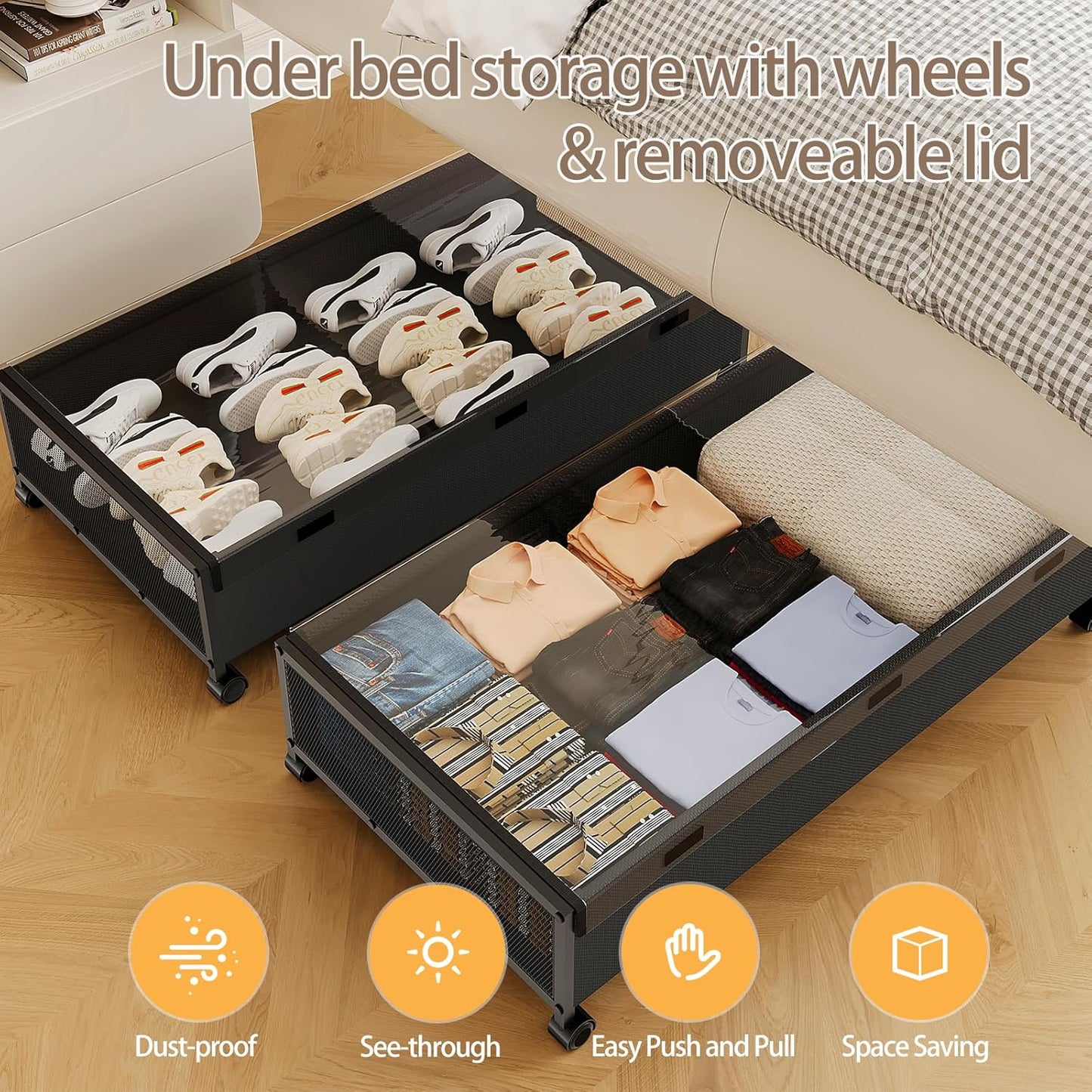 KITHELP Underbed Storage Containers with Wheels, Large Under Bed Drawers on Wheels with Removable Lids, Rolling Shoe Organizer Under Bed Storage Dresser Metal Drawers for Clothes Toys Blankets (1PACK)