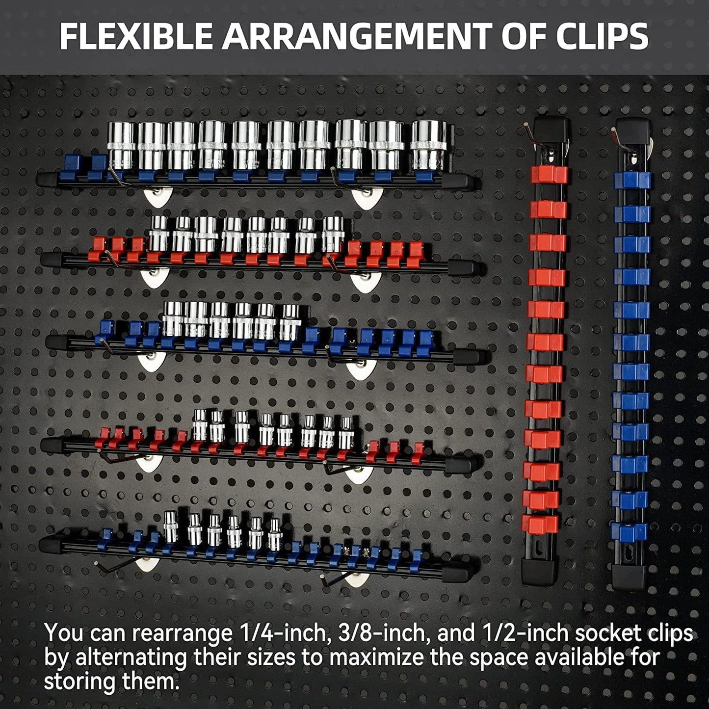 Socket Organizer Drive ABS Tools-Socket Holder, Premium Quality 27 Pieces Socket Holders Kit 1/4-Inch x 144 Clips, 3/8-Inch x 135 Clips, 1/2-Inch x 108 Clips(27PC,Blue&Red&Black)