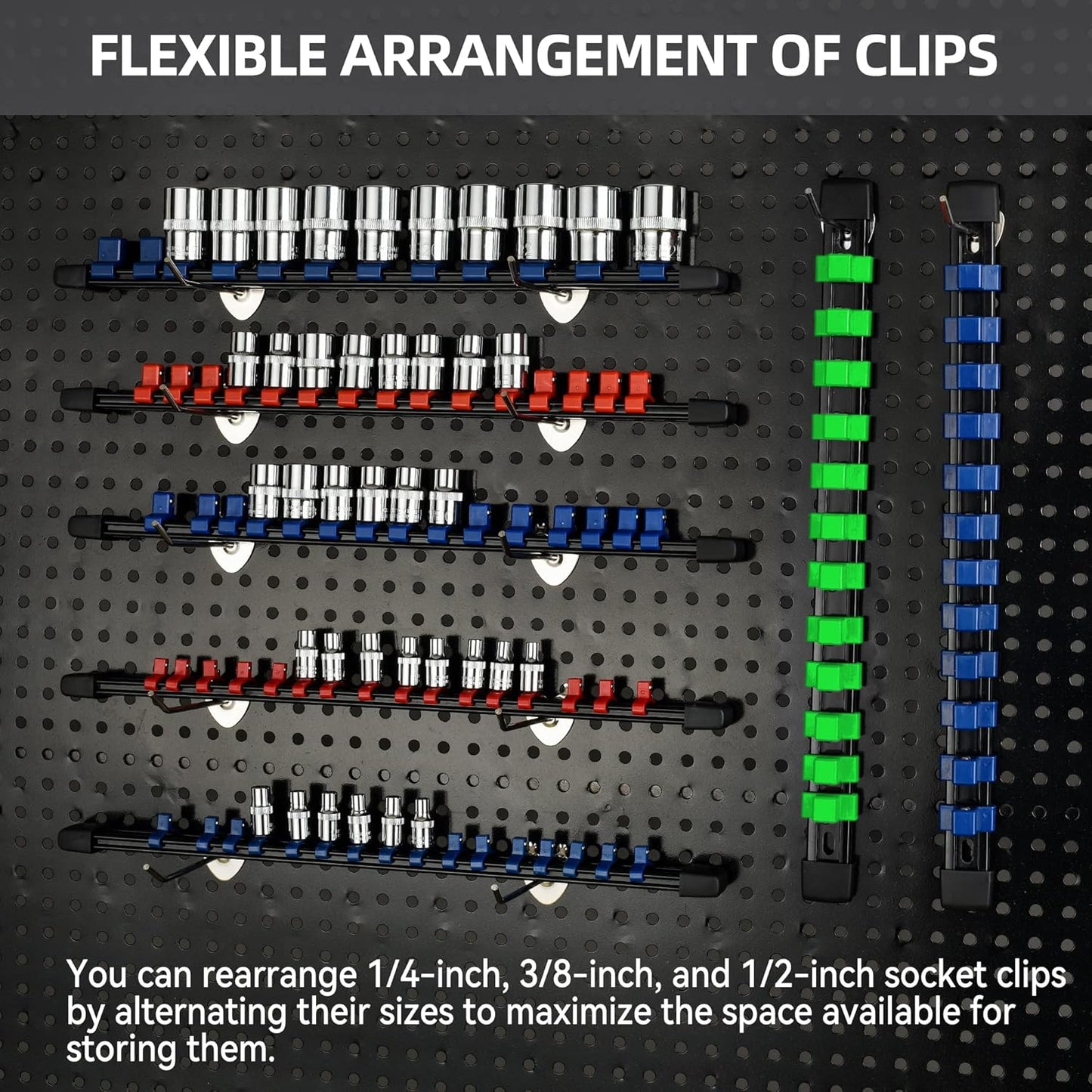 Socket Organizer Drive ABS Tools - Green Socket Holder, Premium Quality 18 Pieces Socket Holders Kit 1/4-Inch x 96 Clips, 3/8-Inch x 90 Clips, 1/2-Inch x 72 Clips(18PC,Green
