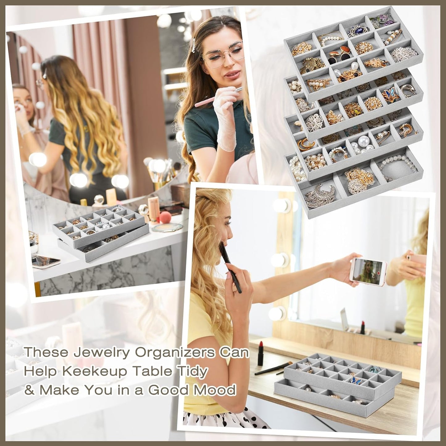 Junkin 12 Pcs Jewelry Tray Velvet Stackable Jewelry Organizer Trays Divided Earring Accessories Storage Containers Box (Rose Red)