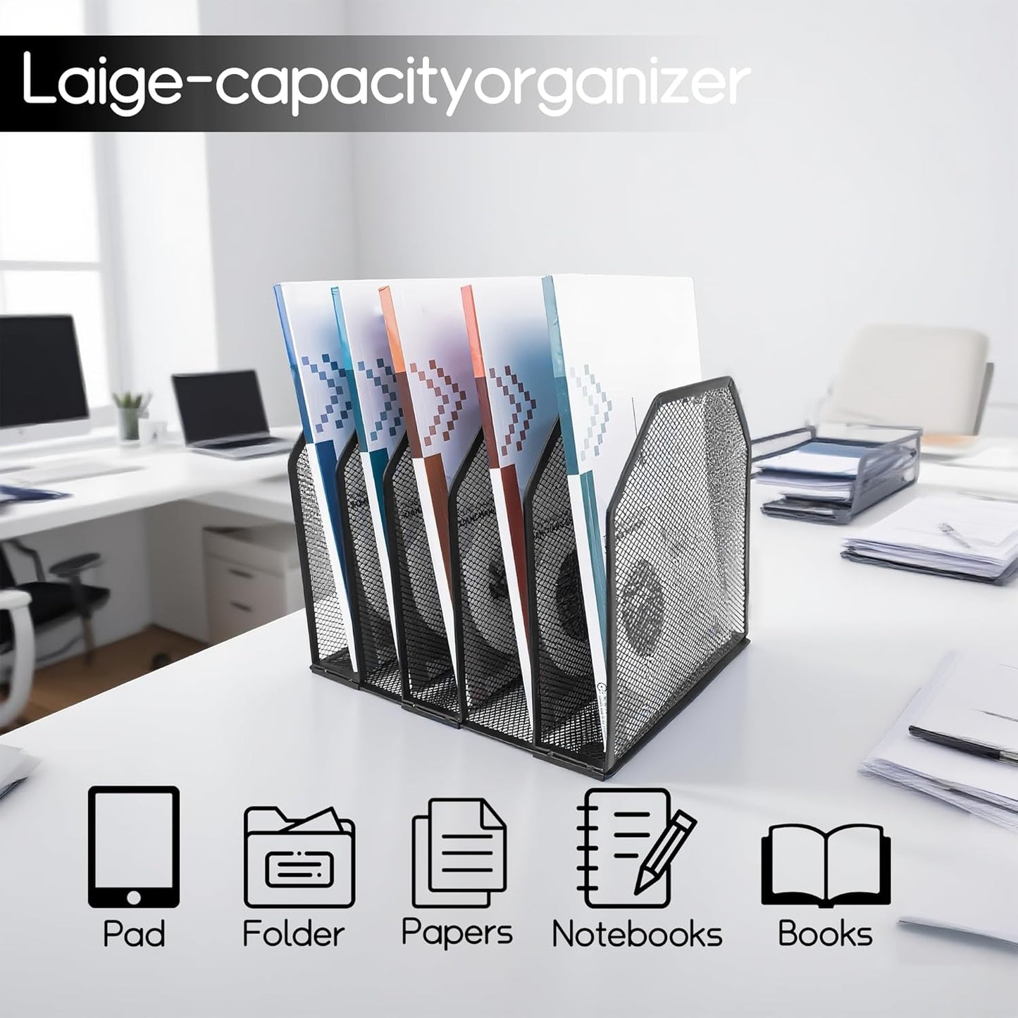 Adjustable Desk File Organizer,Detachable Office Folder Organizer,Compact Vertical Desk File Holder,Wrought Iron Paint,Suitable for Home, School, Office Classrooms (Black - 5 grids)