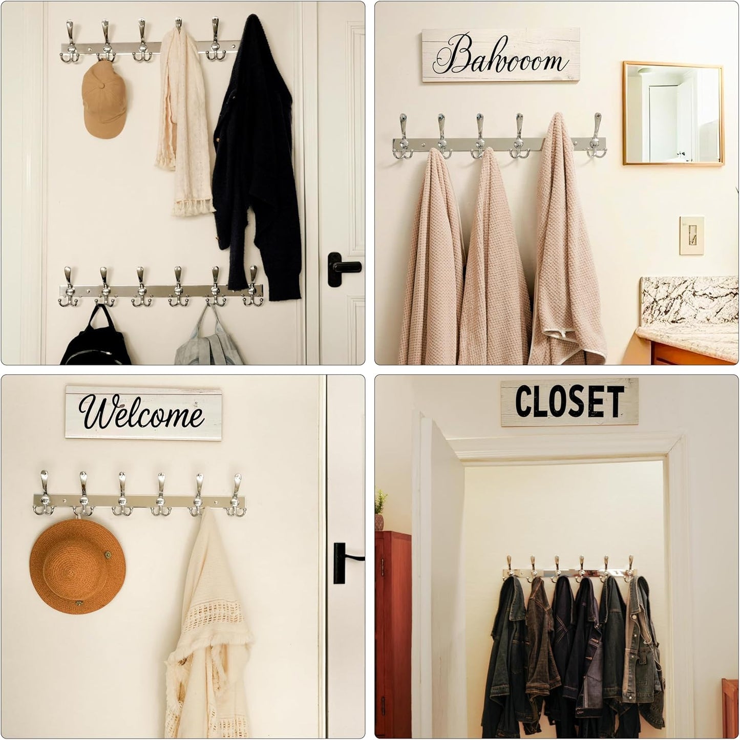 Dseap Coat Rack Wall Mount 2.0 Pro: 24” Long, 3X Tougher, Heavy Duty Stainless Steel Wall Coat Hanger with 6 Tri Hooks for Clothes Jackets Hats Entryway Closet, Chromed, Pack of 2