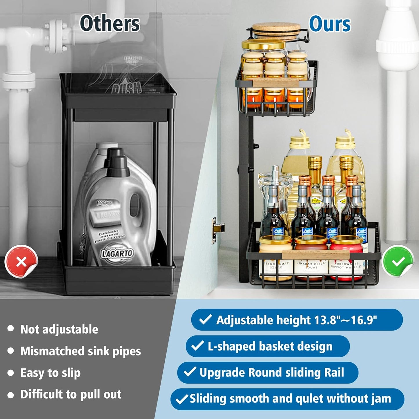 Under Sink Organizers, 2 Tier Pull Out Under Cabinet Organizer,Height Adjustable Pull Out Cabinet Drawers, Metal Sliding Drawer for Kitchen Bathroom Pantry Cabinet Closet Organization Rack,1 Pack