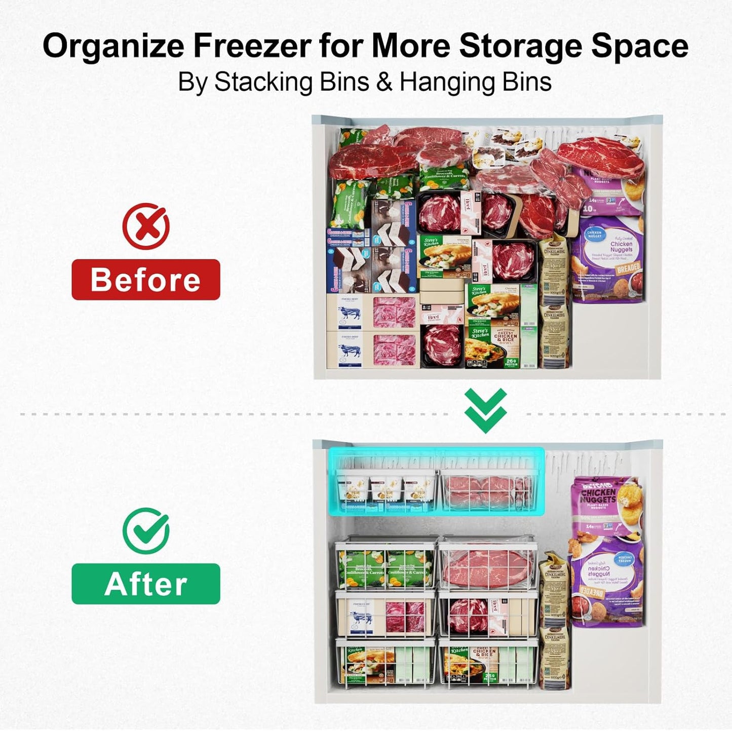 iSPECLE Chest Freezer Organizer - 2 Pack Hanging Freezer Organizer Bins with Expandable Handle for 10 to 20 Cu.Ft, Sort and Easy Slide to Get Bottom Frozen Food, Sturdy Baskets, White
