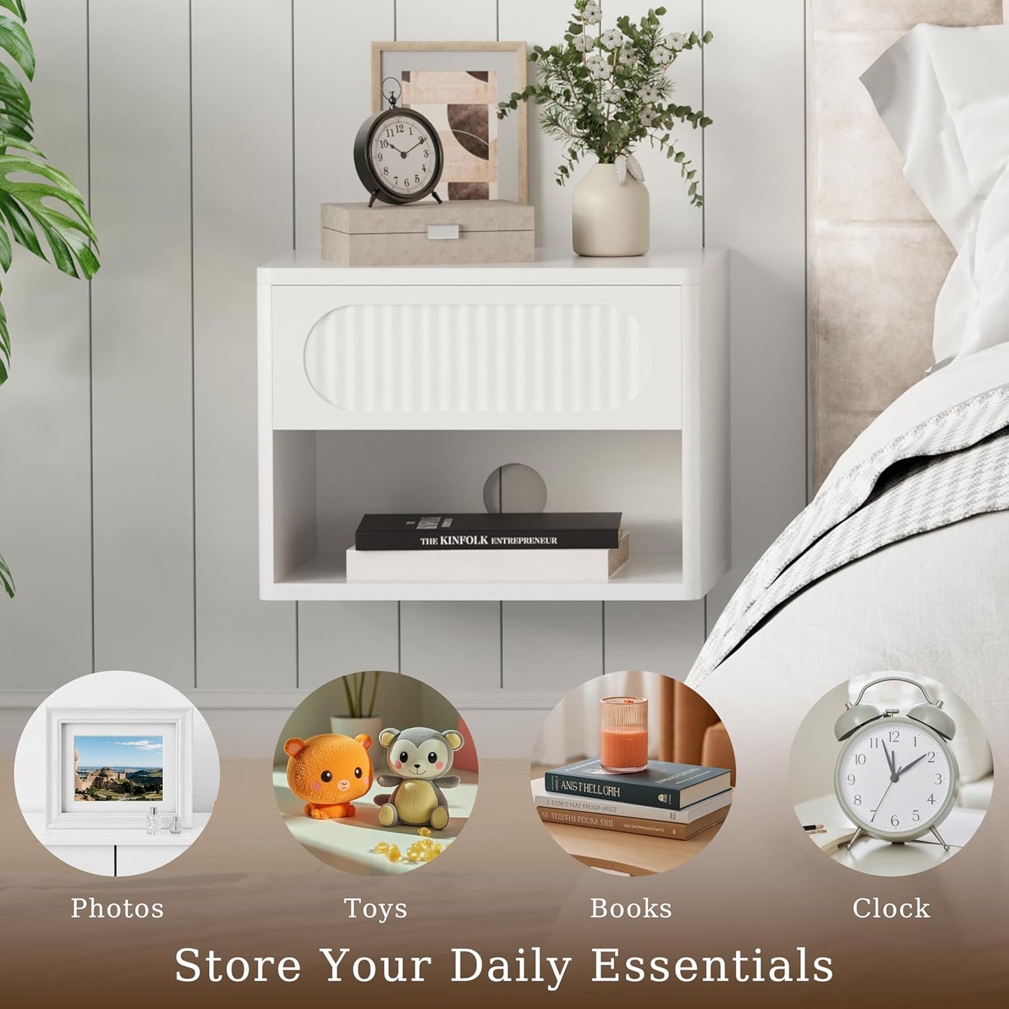 Floating Nightstands with Drawer Set of 2, Modern Wall Mounted Bedside Tables for Bedroom, Space Saving Storage Cabinets, Easy Install Hanging Shelf Night Stands for Small Spaces (White)