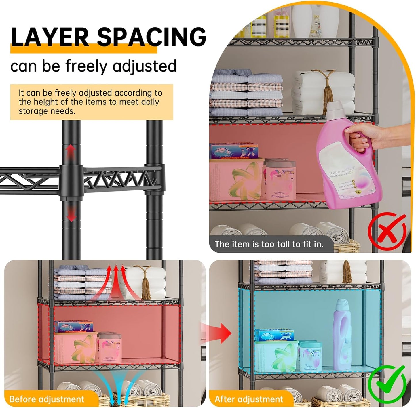SINGAYE Shelf Closet Wire Shelving:Adjustable Metal Unit for Laundry Room Organization Bathroom Kitchen Home Storage with Wheels Pantry Rack Shelves