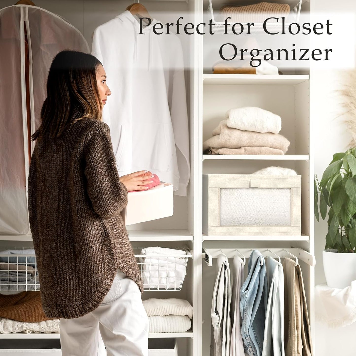 Criusia Closet Organizers and Storage, 4 Pack Linen Closet Baskets with Mesh Window for Organization, Foldable Closet Organizer for Clothing, Towels, Toys, Nursery, Books, Shelves, Beige