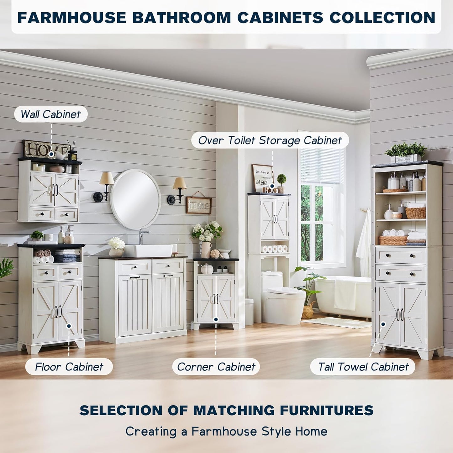 ACCOHOHO Bathroom Floor Cabinet, Farmhouse Storage Cabinet, 24" Wide Cabinet with Drawer, Adjustable Shelf, Barn Doors, Cabinets for Bathroom, Kitchen, Living Room, Off White