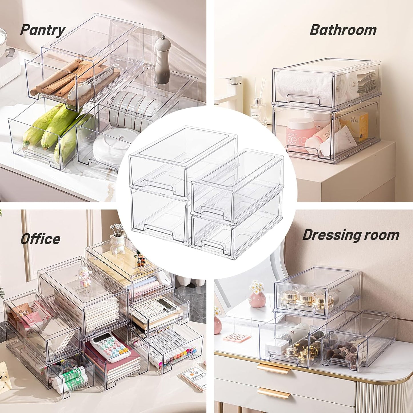 2 Pack Stackable Pull-Out Storage Drawers,Plastic Clear Organizer Bins with Handles,Easily Clean for Craft, and Toy Organization,Kitchen Undersink,Cabinet,Fridge,Closet,Pantry,Office,Bathroom