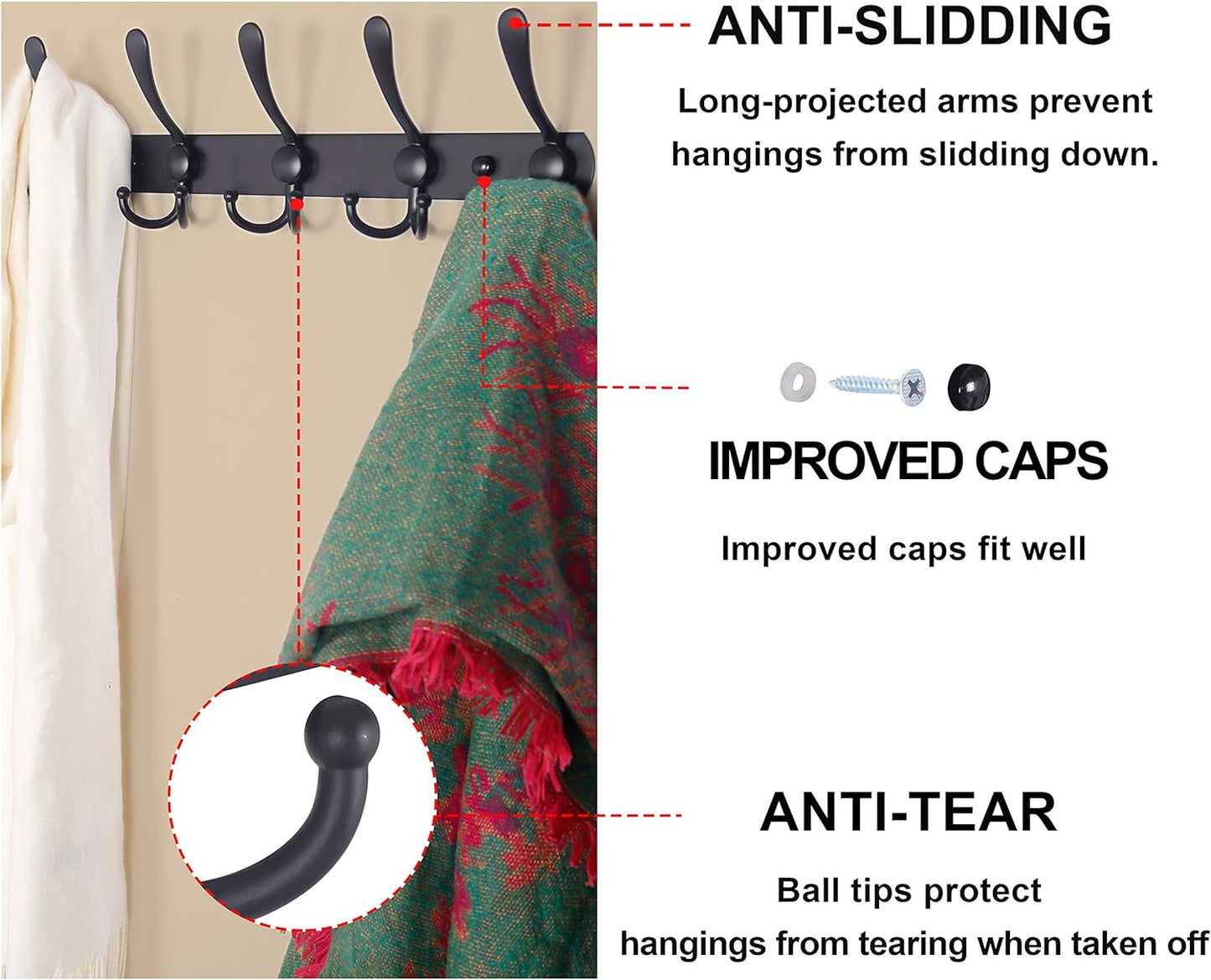 Dseap Coat Rack Wall Mounted - 5 Tri Hooks, Heavy Duty, Stainless Steel, Metal Coat Hook Rail for Coat Hat Towel Purse Robes Mudroom Bathroom Entryway, Rose Gold