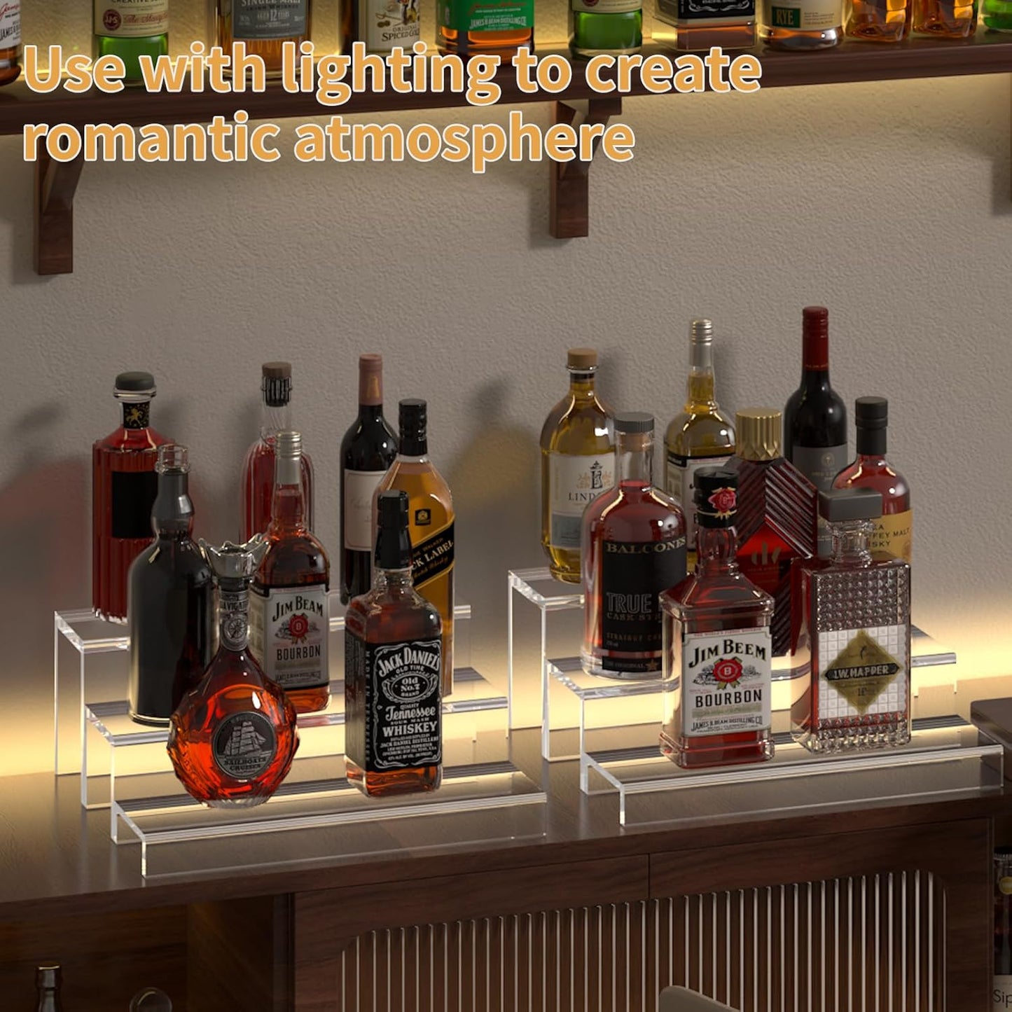 3 Tiers Bar Shelves for Liquor Bottles, 15" Bar Organizer for Countertop, Clear Acrylic Risers Display Racks Stands for Figures Pops Cupcake Perfume Collections (Patent: D1076520S)