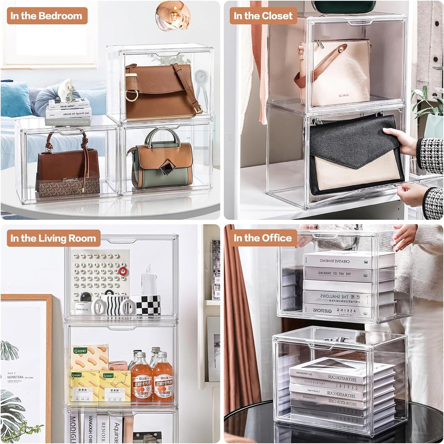 5 Packs Clear Handbag Storage Organizer for Closet, Purse Organizer Acrylic Display Case for Handbag, Stackable Storage Box with Magnetic Door for Wallet Book Toys Collectibles