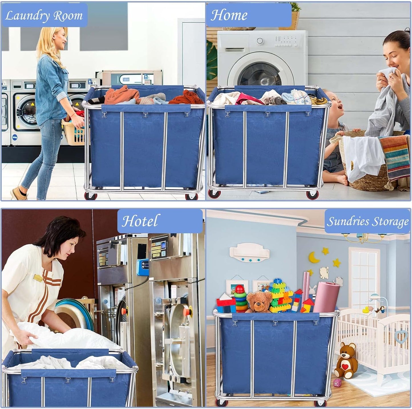 12 Bushels Laundry Cart for Commercial/Home,Heavy Duty Large Stainless Steel Rolling Laundry Basket with Wheels,for Hotel, School, Laundry,260LBS Load