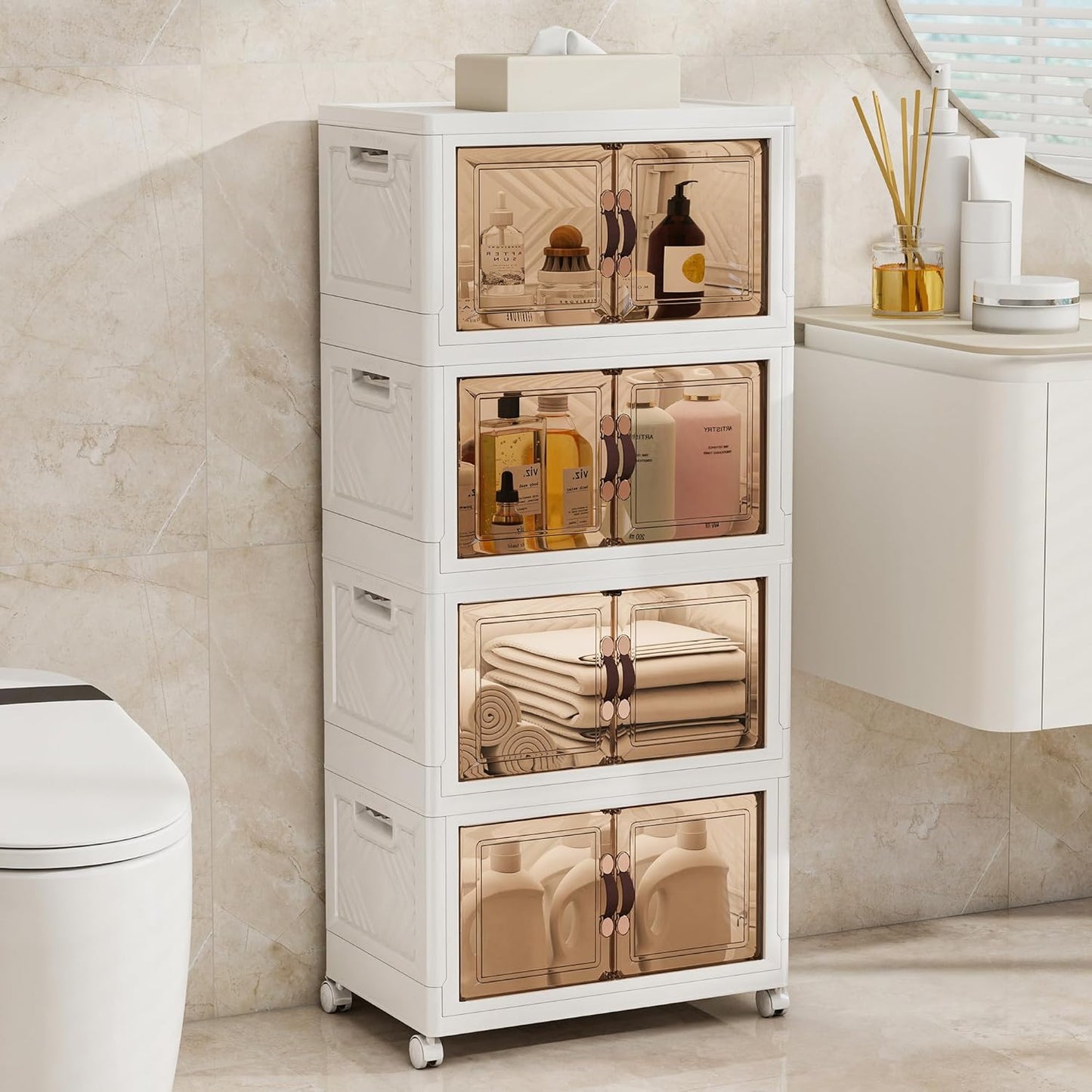 Storage Bins with 2 Lids and Wheels, Collapsible Bathroom Storage Cabinet with Clear Doors, Plastic Stackable Closet Organizers and Storage Containers White 270 QT