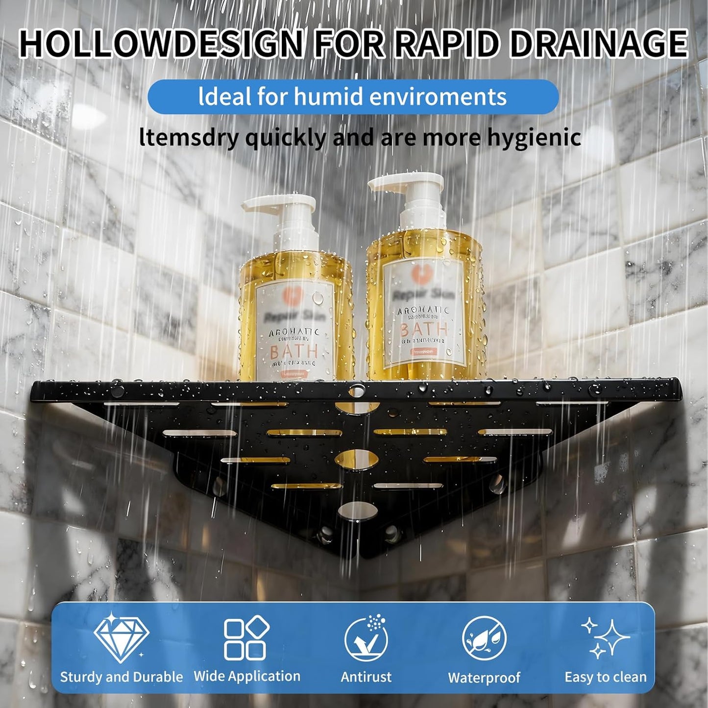 Shower Corner Shelf 304 Stainless Steel Shower Caddy 2 Tier Shower Organizer Niche Extra 6 Hangers Shelves 40 lbs Large Capacity Bathroom Storage for Inside Anti-Rust Drilling Installation(Black)