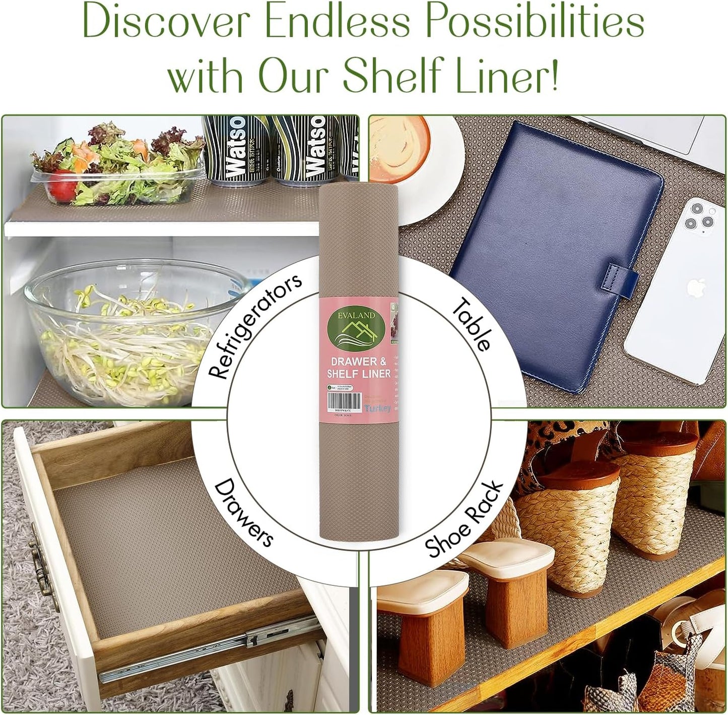 EVALAND Shelf Liners for Kitchen Cabinets Non-Adhesive 17.7" x 33 FT Beige Drawer Liner Non Slip, Washable Cabinet Liner, Waterproof Shelf Liners for Cabinets, Refrigerator Bathroom Pantry Cabinet Mat
