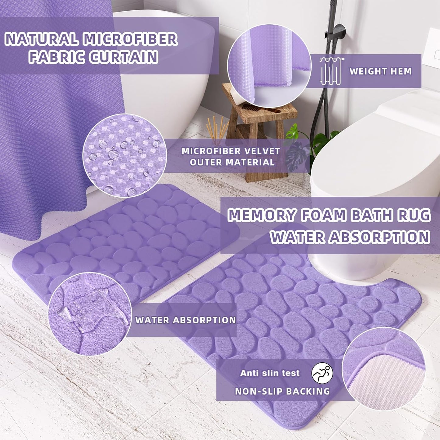Bathroom Accessories Set - 25PC Bathroom Sets with Shower Curtain and Rugs, Purple Bathroom Set with Trash Can, Soap Dispenser, Soap Dish & Toilet Brush