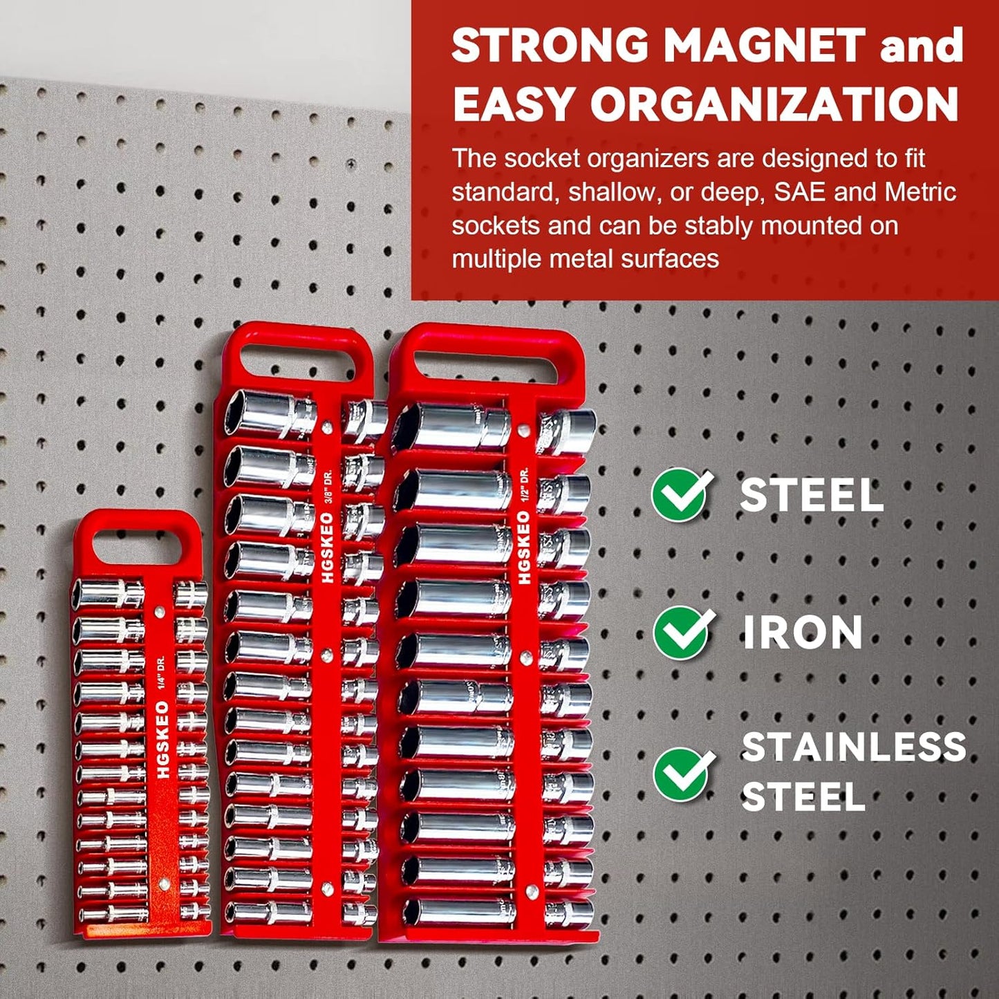Magnetic Socket Holder Set with Handle, Portable Socket Organizer, Heavy Duty Socket Racks 1/4" Drive Holders Hold 26 standard Sockets for Tool Box(Red, 1/4" Drive)