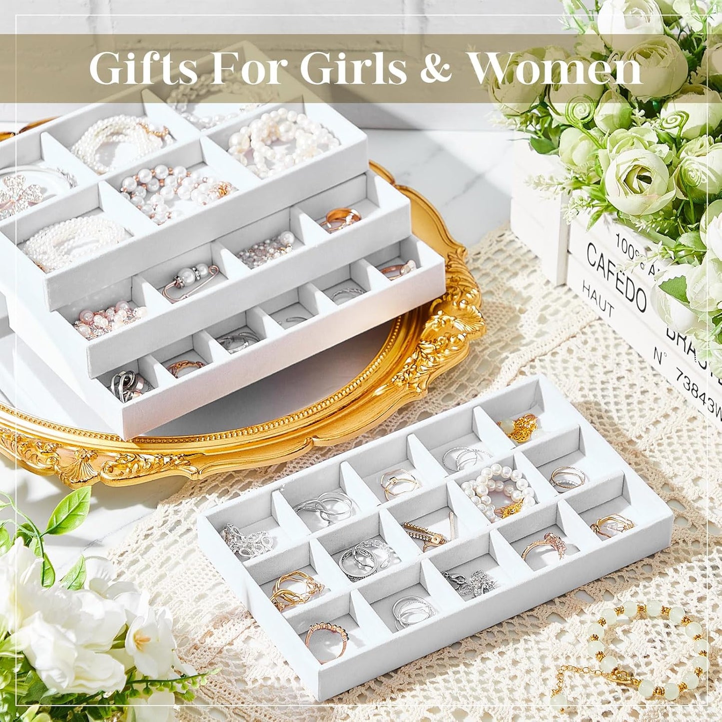 Junkin 12 Pcs Jewelry Tray Velvet Stackable Jewelry Organizer Trays Divided Earring Accessories Storage Containers Box (Rose Red)