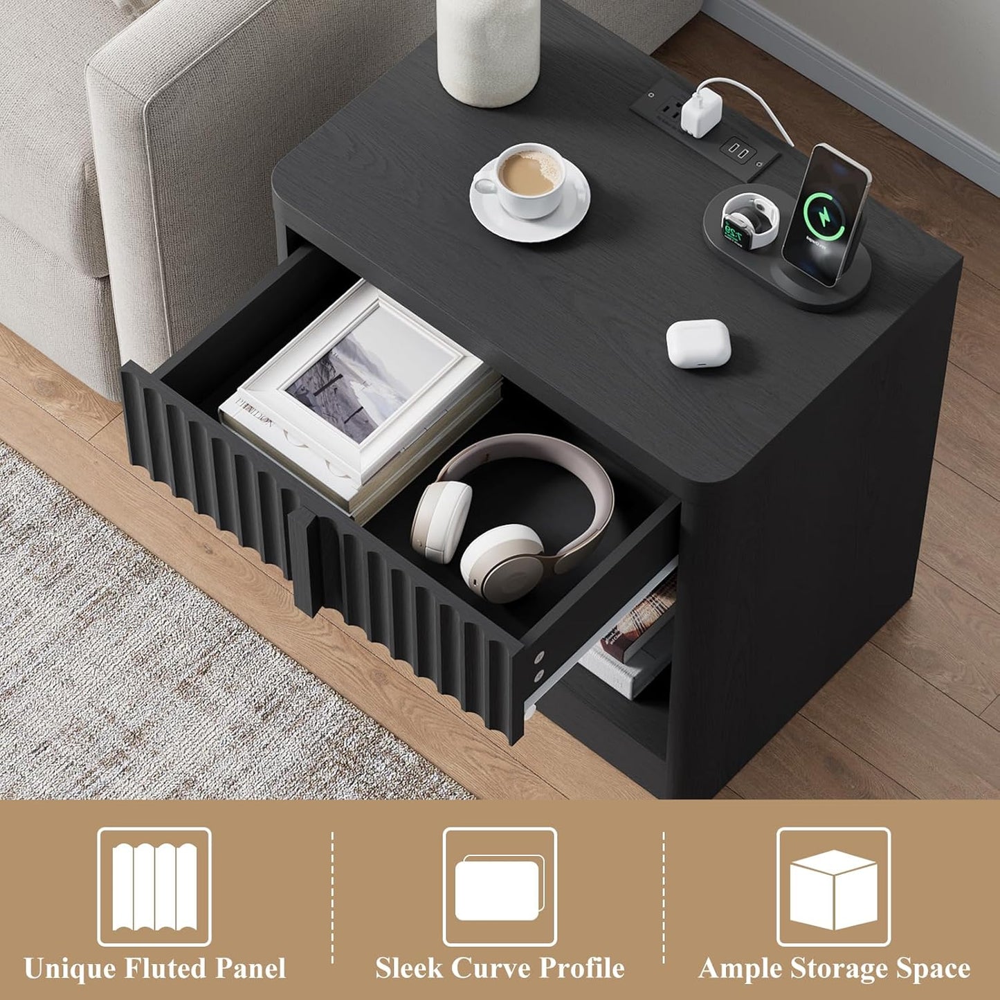 Fluted Nightstand Set of 2 with Charging Station, 23.6" Wood End Table with Solid Wood Handle, Curved Profile Design, Mid Century Moden Bedside Table for Bedroom, Black