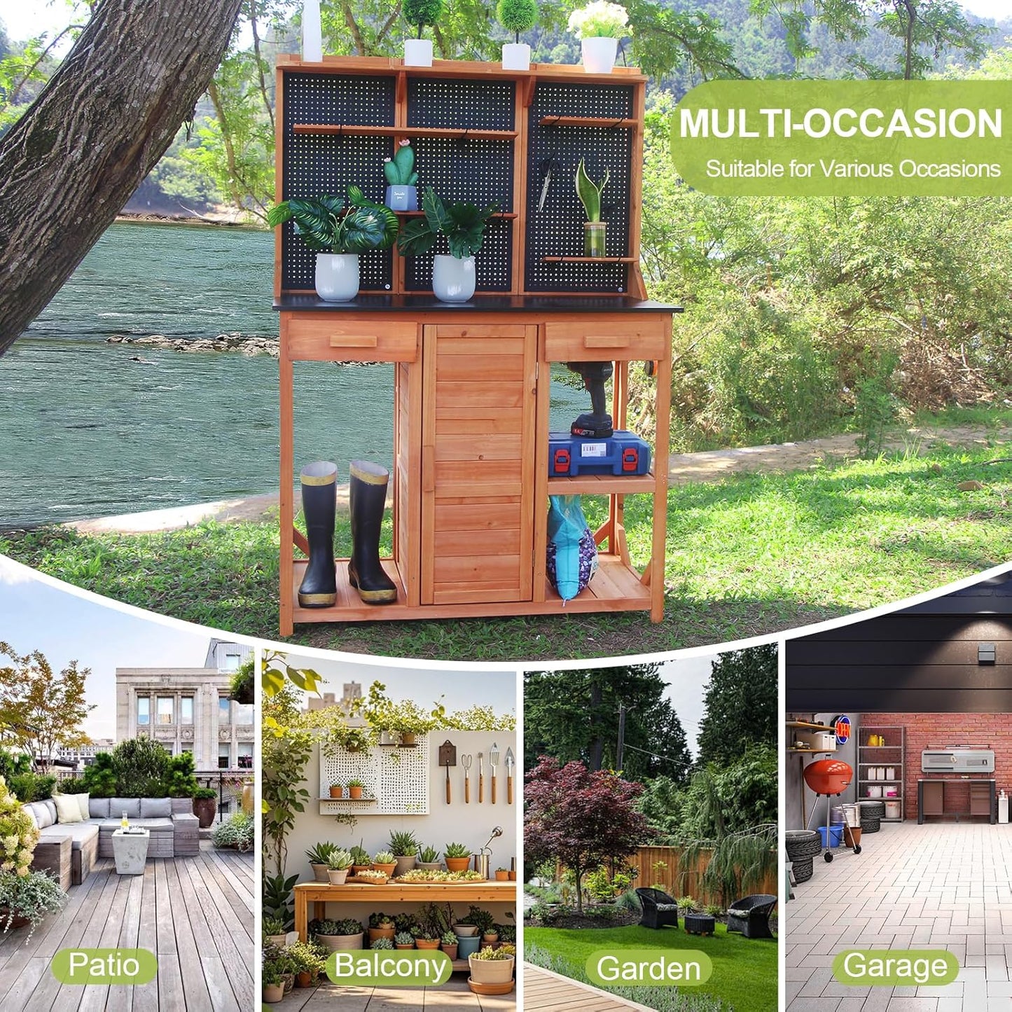 Outdoor Potting Bench,Wooden Potting Table with Metal Tabletop,Garden Work Bench with Drawer and Free Matching Storage Cabinet Shelf/Hooks for Backyard,Patio,Greenhouse (Black, 44 * 20 * 63in)